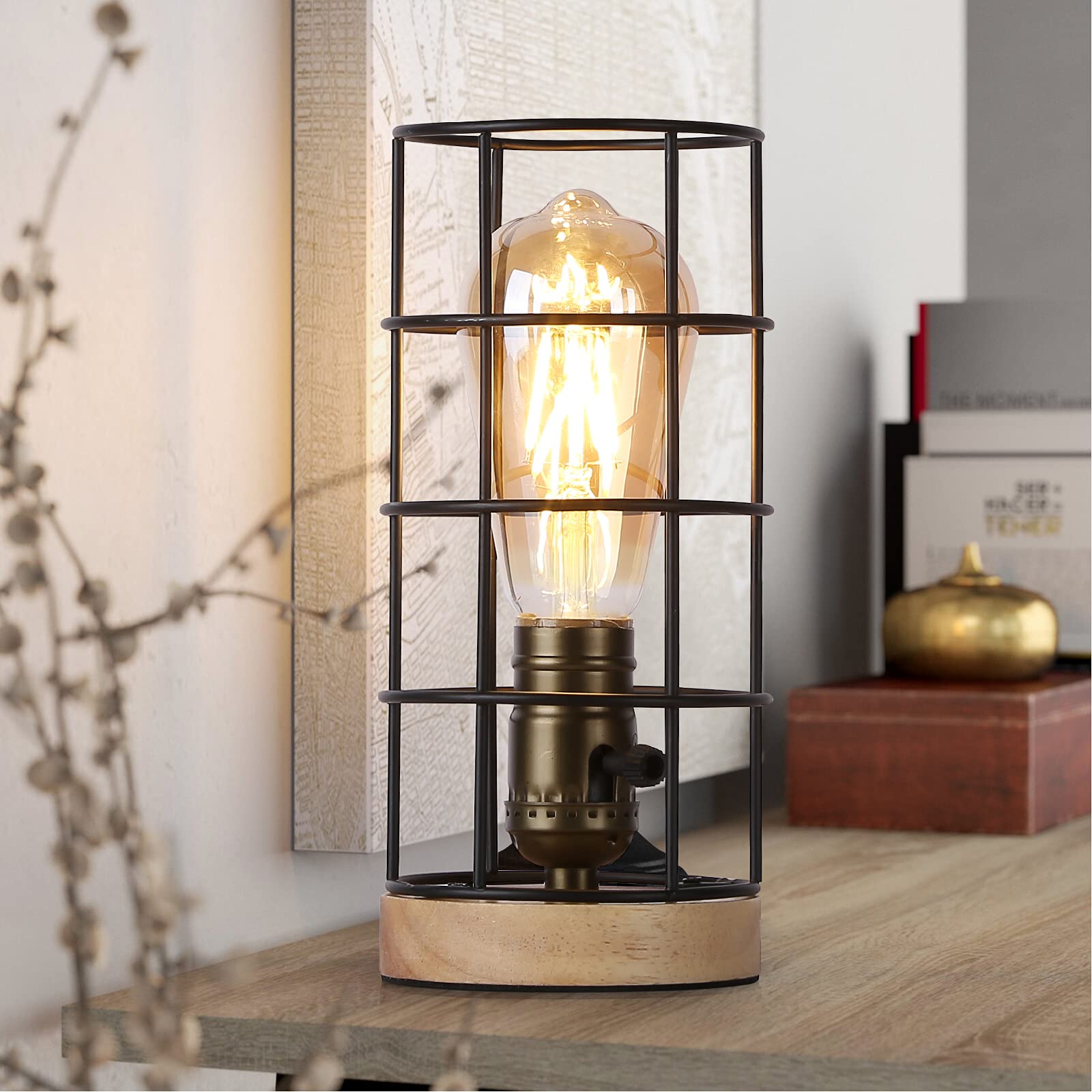 Vintage Industrial Small Table Lamp - Wood Base Mini Edison Desk Light for Bedroom, Living Room & Office - Mid-Century Modern Farmhouse Decor (No Bulbs Included) | Perfect for Nightstands, Reading Nooks & Cozy Home Ambiance