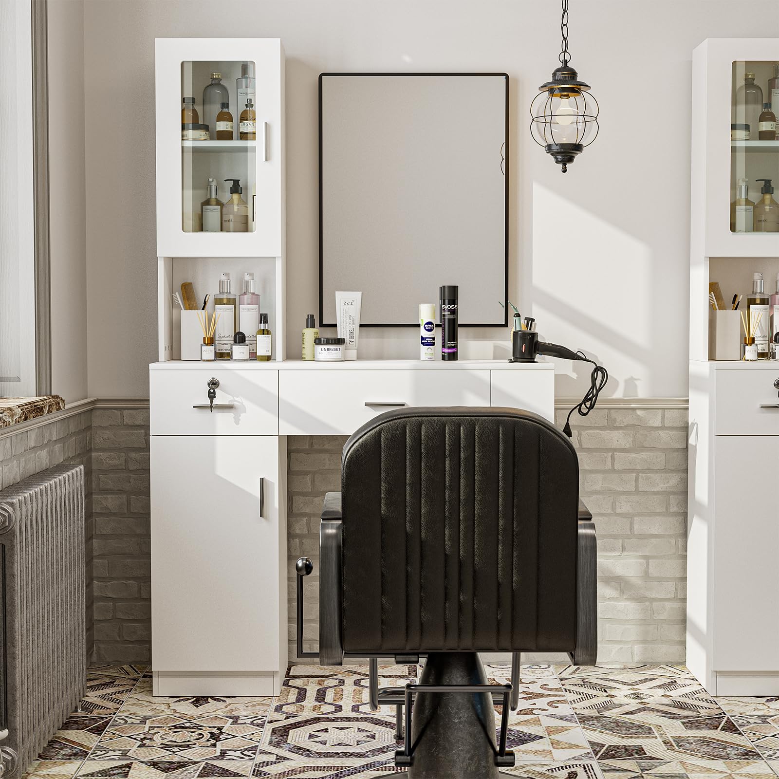 Professional Wall Mount Hair Salon Station - Barber Styling Storage Cabinet with Glass Door, 2 Drawers & 3-Tier Shelves (White) | Perfect for Salon Organization, Home Barber Setup & Beauty Studio Storage