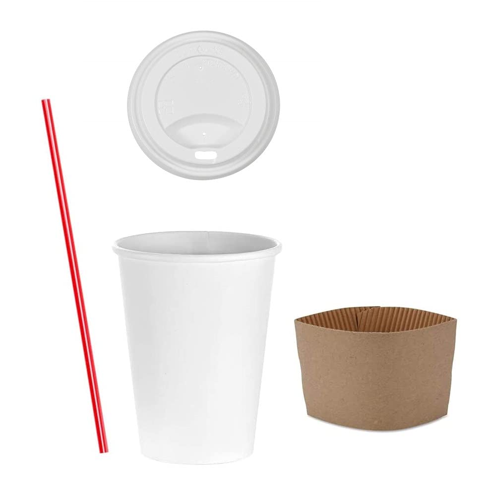 500-Pack 10 oz Disposable White Paper Coffee Cups with Dome Lids, Stirrers & Sleeves - Hot Drink Cups for Coffee Shops, Offices, Parties & Events