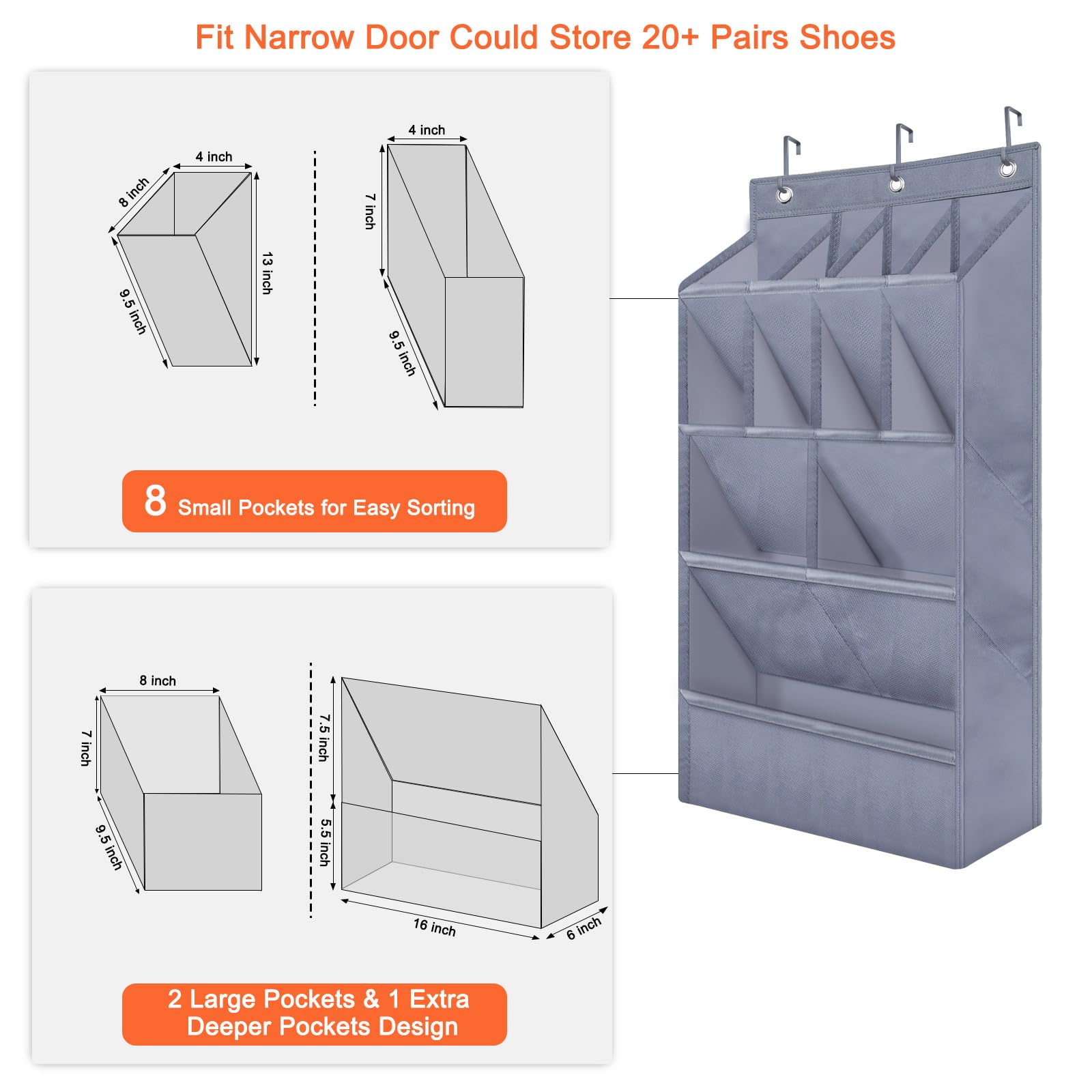 Over the Door Shoe Organizer with 11 Deep Pockets - Space Saving Closet Storage for Shoes, Accessories & Small Items - Perfect for Dorms, Apartments & Narrow Doors (Grey, 1 Pack) - Ideal for Bedroom, Bathroom & Entryway Organization