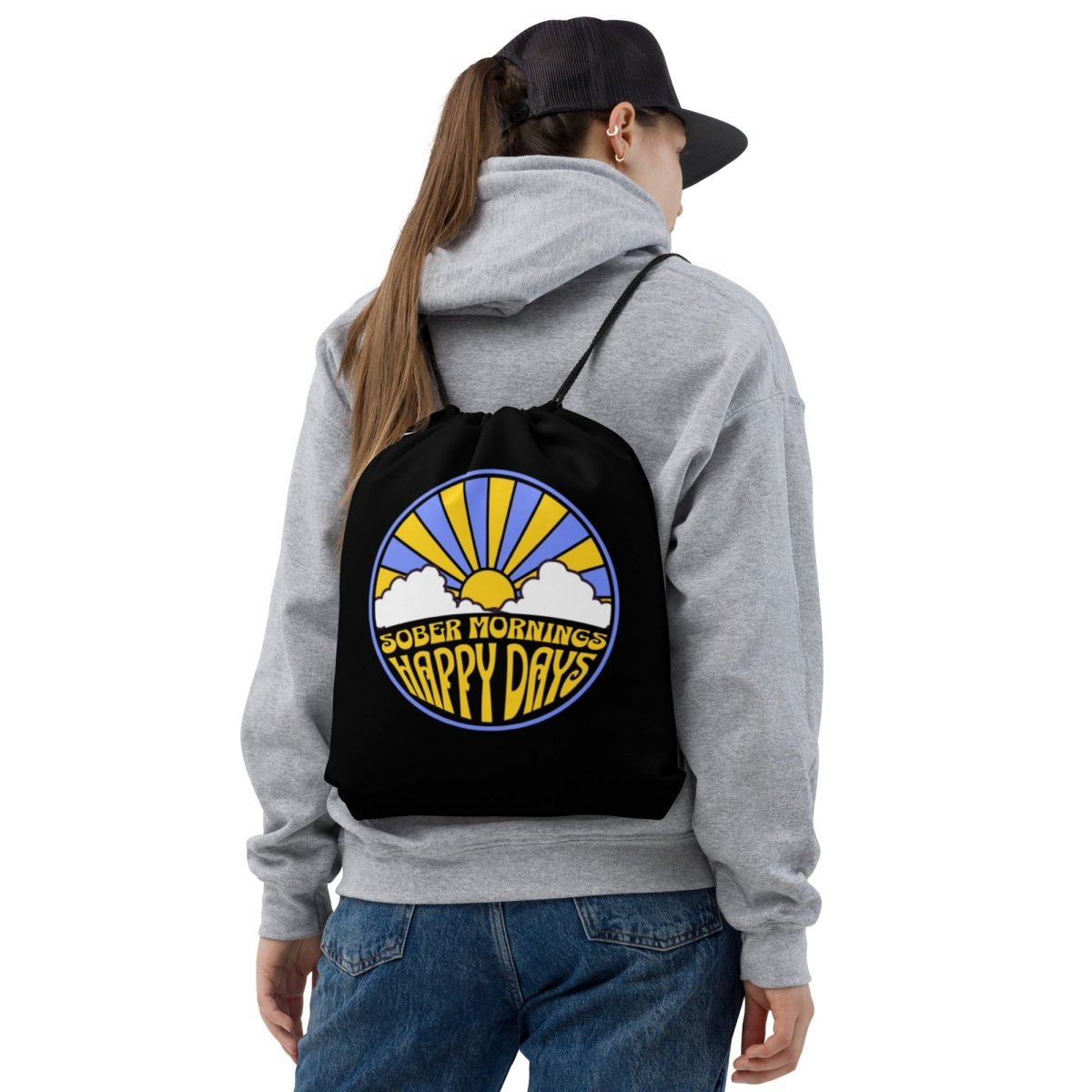 Sober Mornings Happy Days Drawstring Bag - Lightweight Reusable Grocery Tote for Shopping, Beach, Gym & Travel
