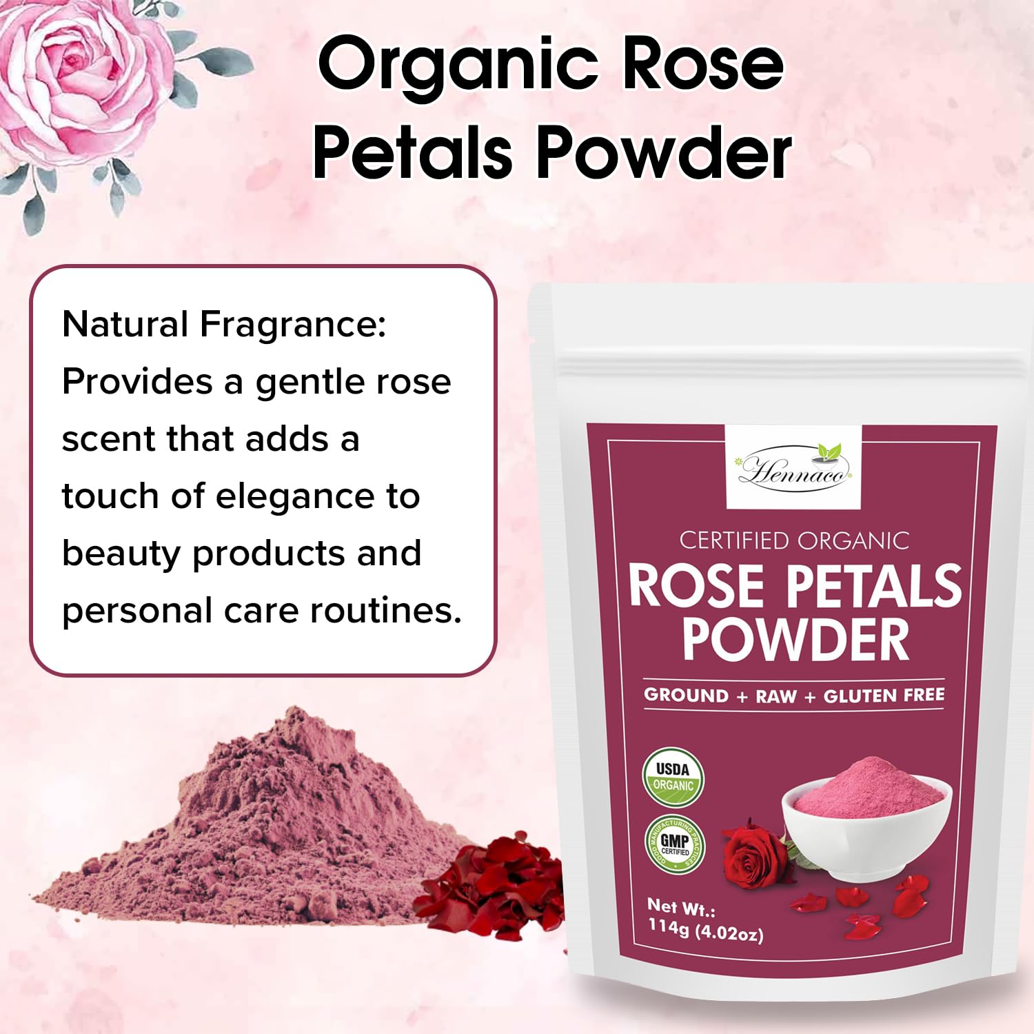 Organic Rose Petals Powder - 114g (4oz) All-Natural Skin Toner & Hair Mask | Chemical-Free, Preservative-Free | For Dry, Oily & Sensitive Skin | DIY Face Masks, Bath Soaks & Aromatherapy