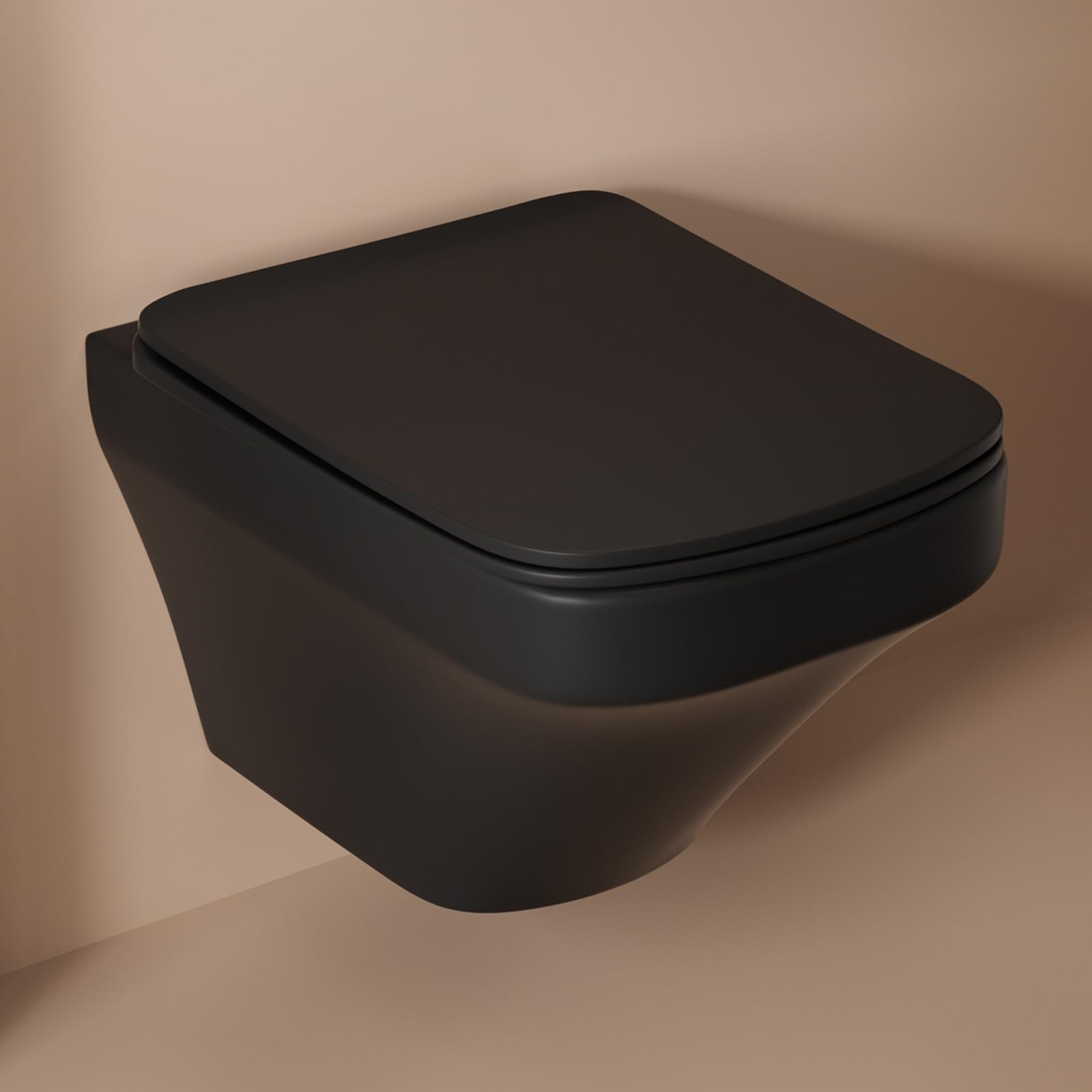 SUPERFLO Square Wall Mounted Toilet Bowl with Soft Close Seat - Modern One Piece Black Wall Hung Toilet for Bathroom, Rear Outlet Design (Tank & Bracket Not Included) | Perfect for Small Bathrooms, Contemporary Homes & Space-Saving Solutions