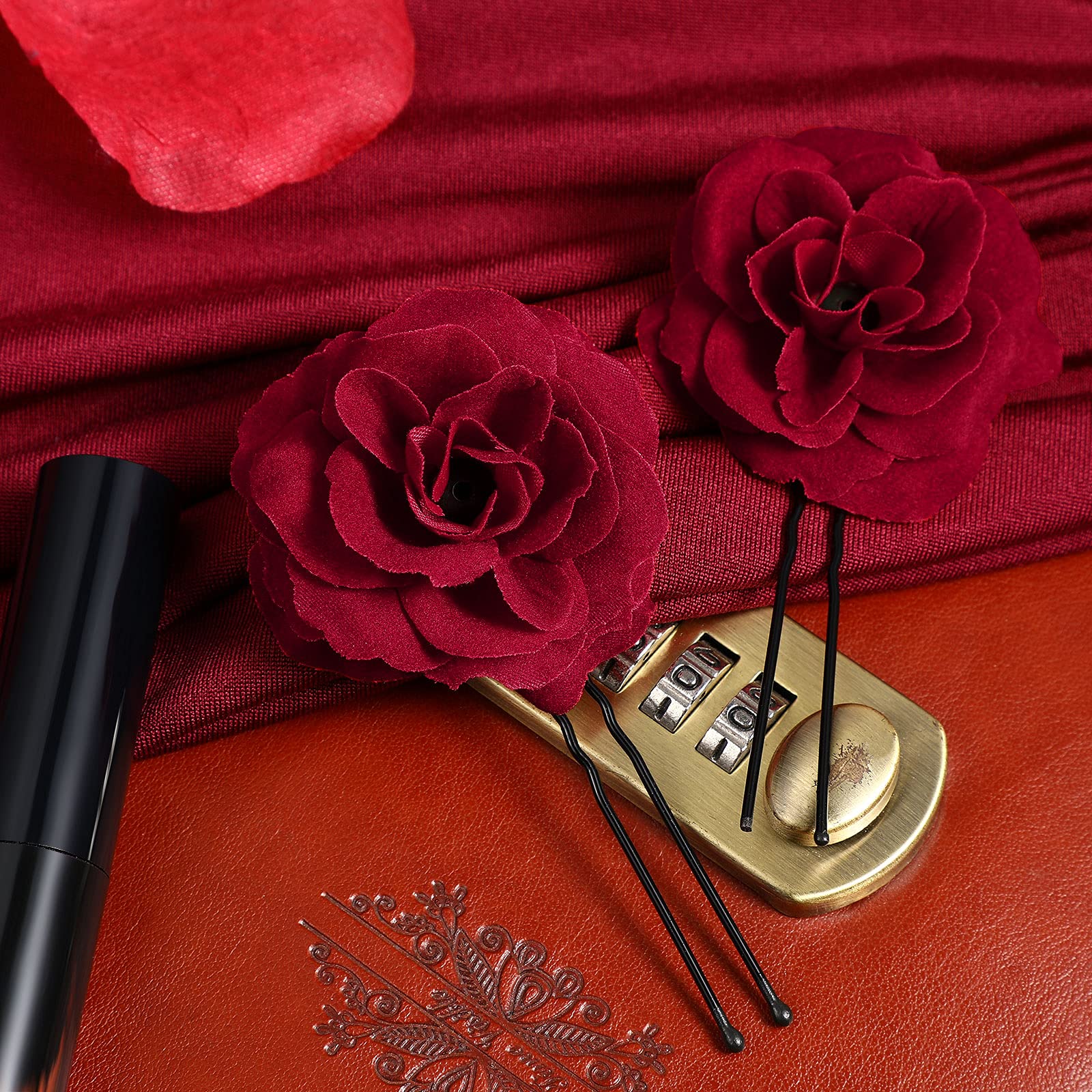 Lurrose 6pcs Red Rose U-Shaped Hair Pins - Bridal Hair Sticks for Wedding, Bridesmaid Hair Accessories, Updo Hair Clips - Perfect for Weddings, Prom, Parties & Special Occasions