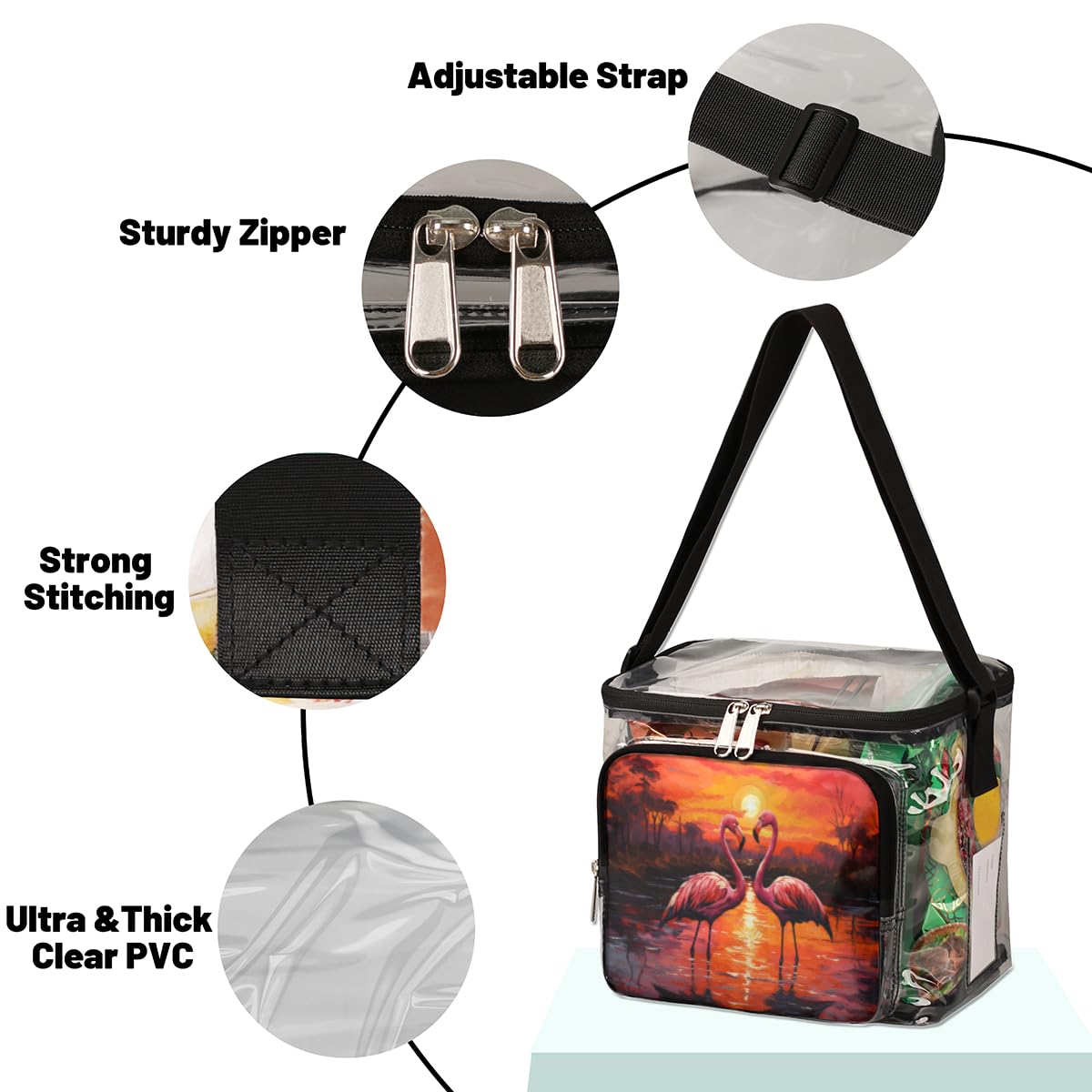 GzLeyigou Clear Transparent Tote Bag with Handles - Sunset Flamingo Print Crossbody Shoulder Bag for Women, Lunch Bag for Outdoor, Travel, Picnic, Concerts & Sports Events - Stadium Approved Purse for Beach, Shopping & Theme Parks