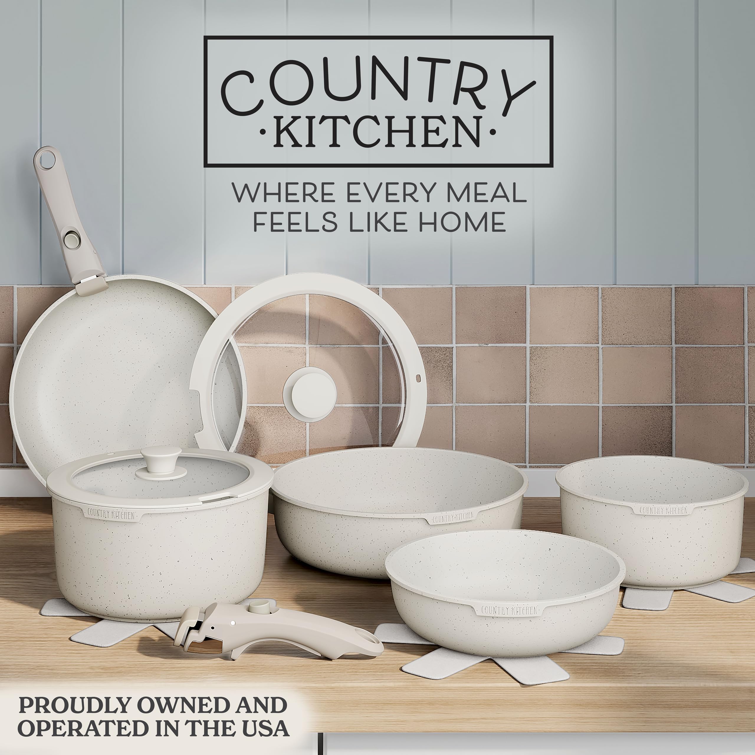 Country Kitchen Cookware Set with Removable Handle - Oven & RV Safe Nonstick Pots and Pans Set in Cream Color | Perfect for Camping, RV Trips & Small Space Cooking