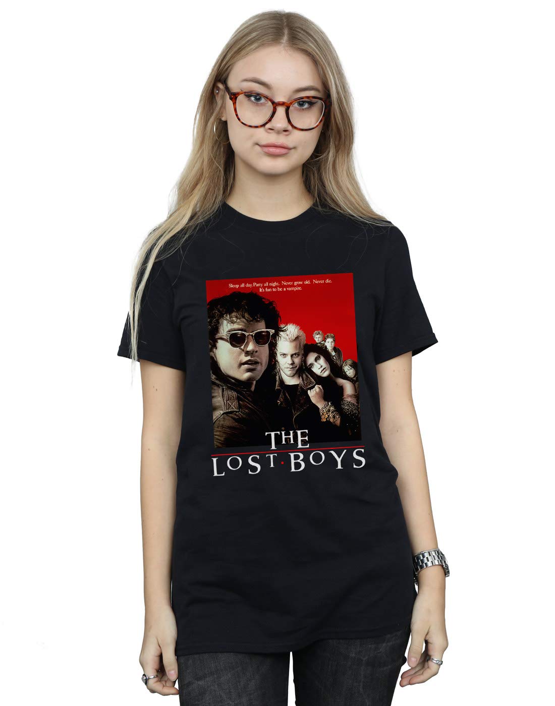Lost Boys Women's Red Poster Boyfriend Fit T-Shirt - Vintage Style Soft Cotton Tee for Casual Wear & Music Festival Outfits