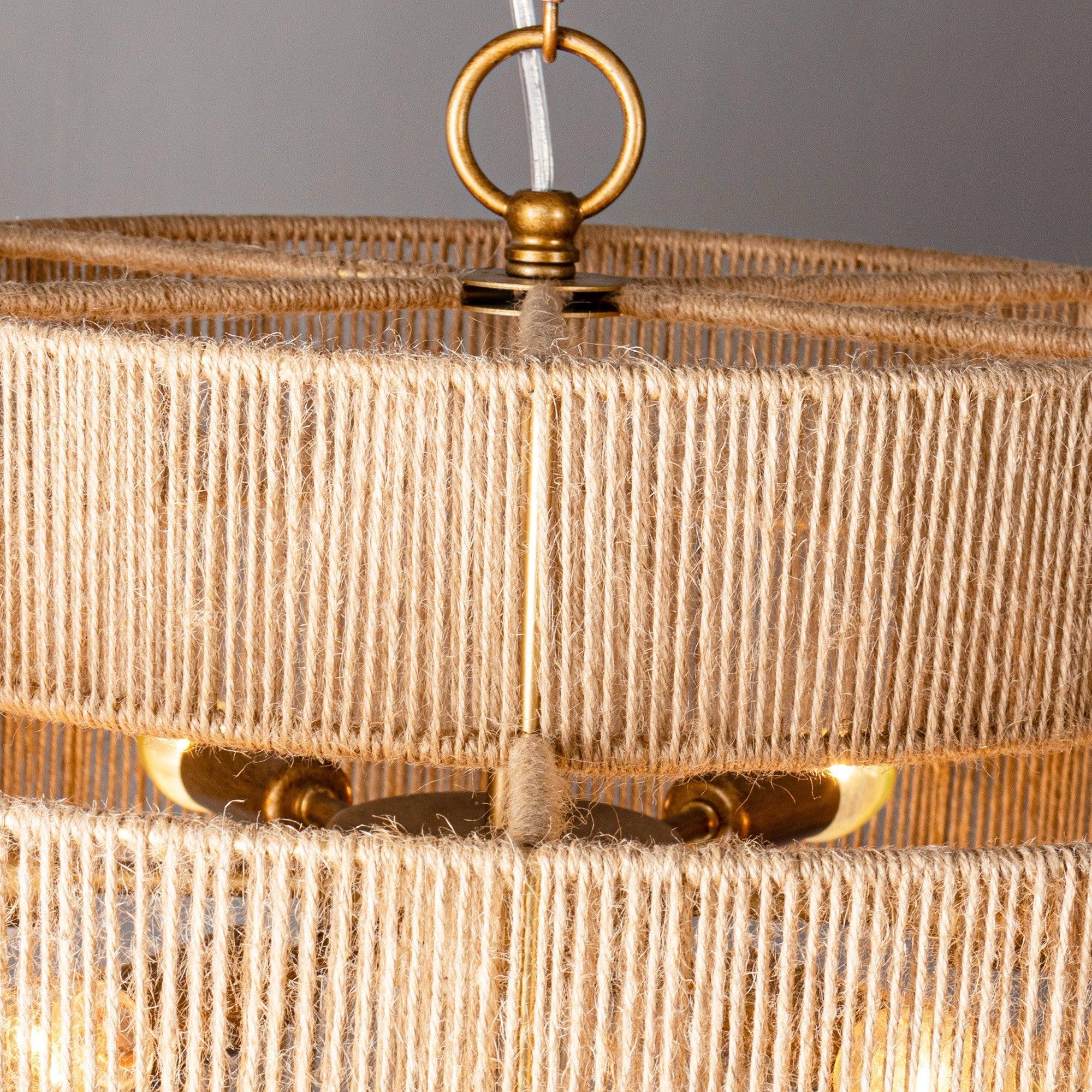 Bohemian Antique Gold 6-Light Drum Chandelier with Natural Rope Shade - Rustic Ceiling Light Fixture for Dining Room, Living Room & Bedroom