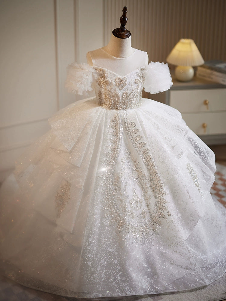 White Princess Round Floor Length Organza Flower Girl Dress - Perfect for Weddings, Baptisms & Special Occasions
