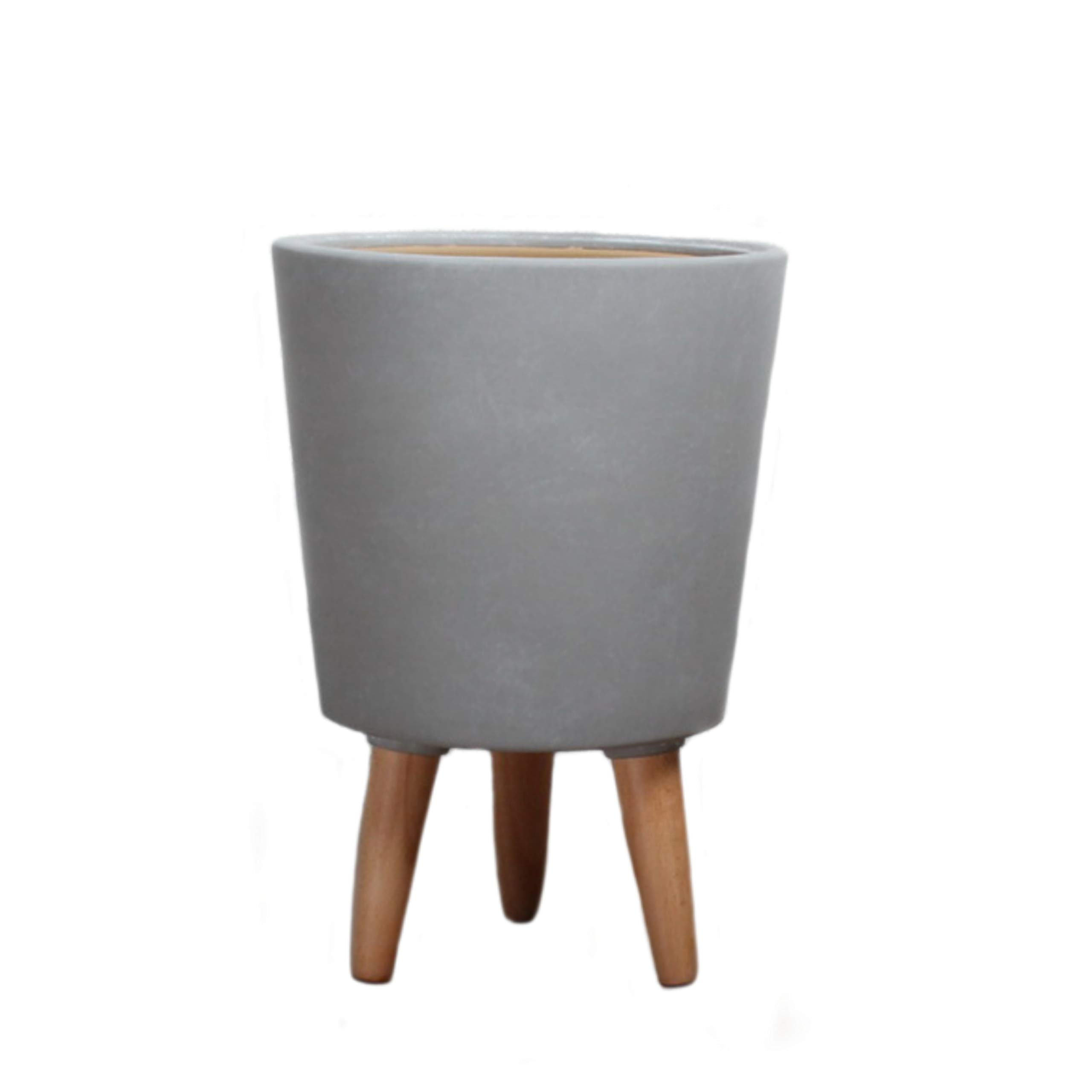 Serene Spaces Matte Grey Ceramic Plant Pot Holder with Wooden Legs - 15