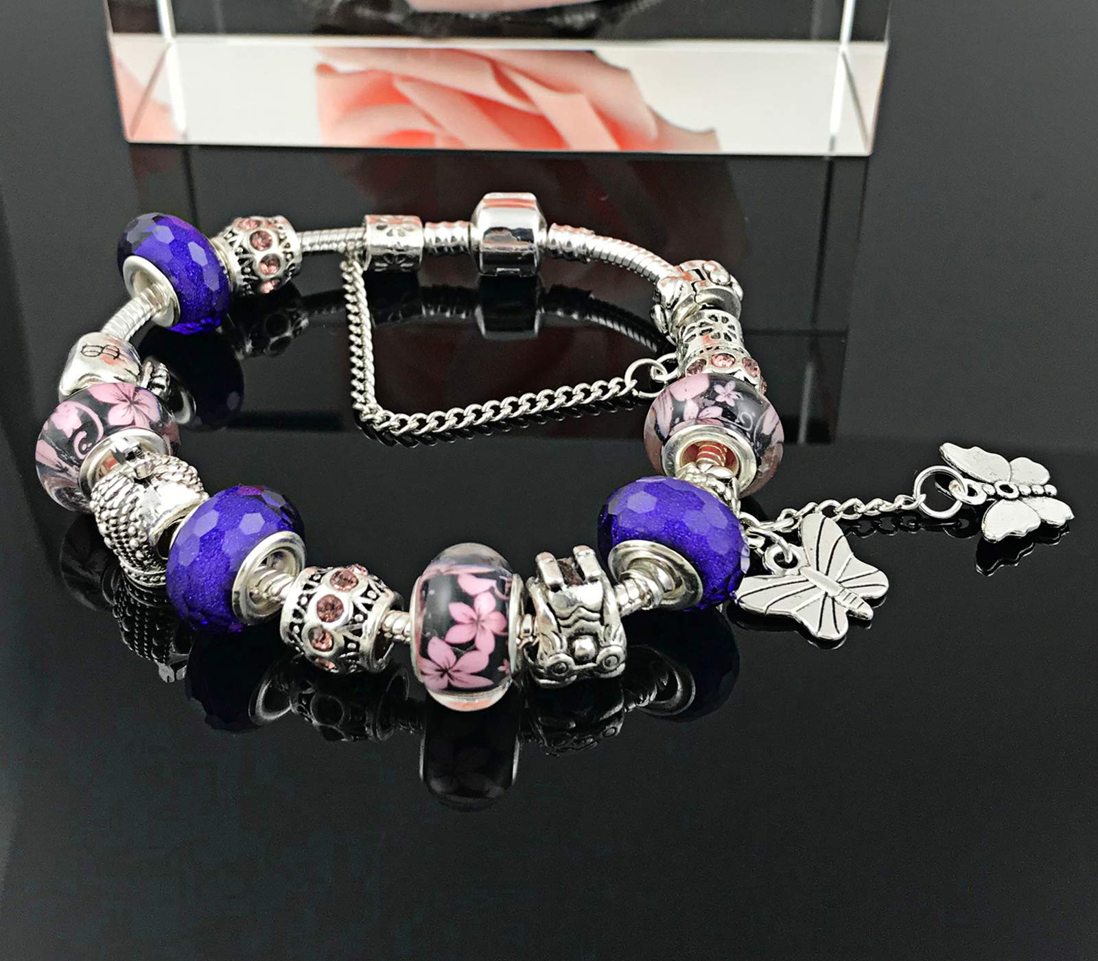 Butterfly Charms Bracelet for Women - Handmade Murano Glass Beads & Floral Design Adjustable DIY Bracelet - Perfect Birthday Gift for Her, Friendship Jewelry for Everyday Wear & Special Occasions