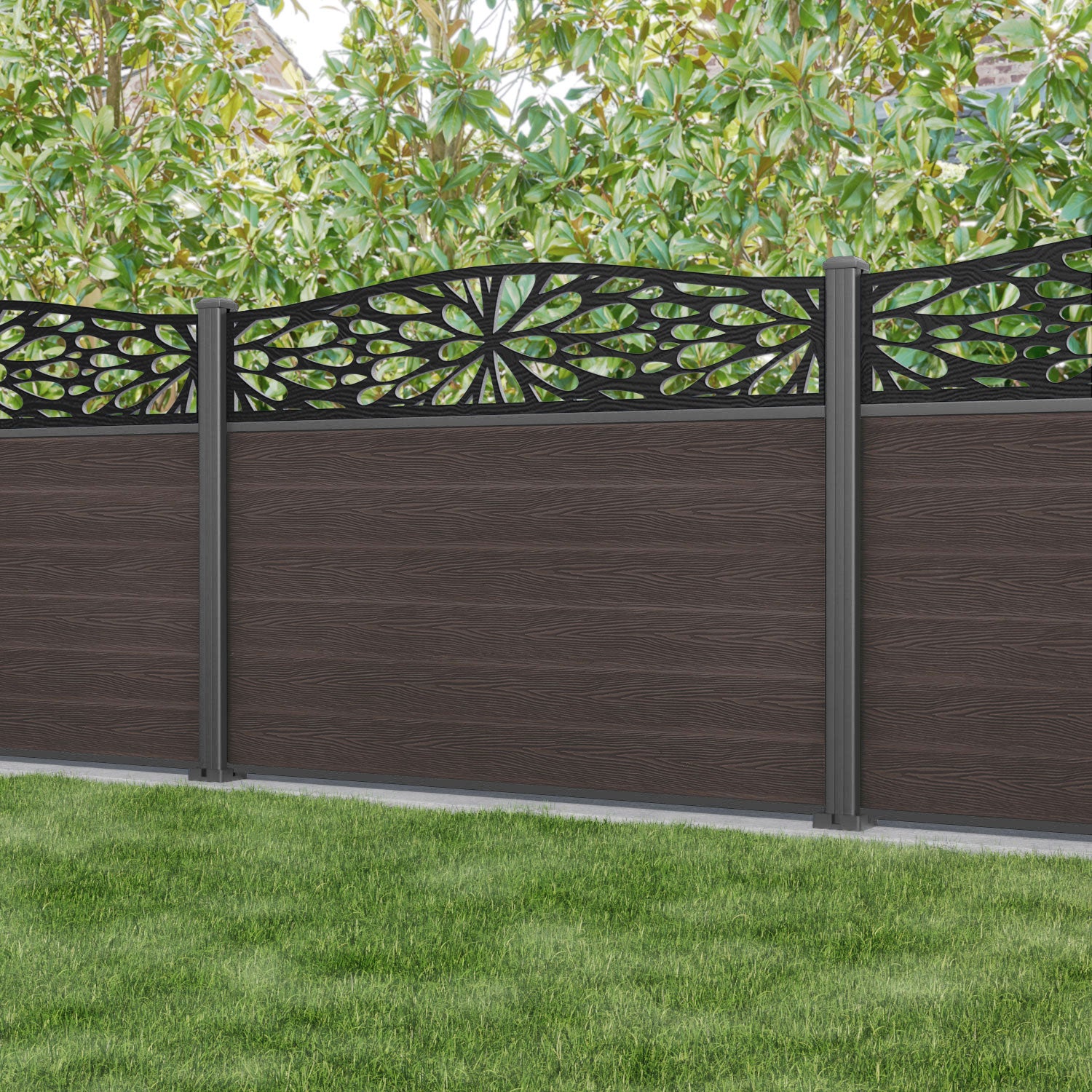 Classic Blossom Curved Top Wooden Fence Panel - Mid Brown - Rust-Resistant Aluminum Posts - Perfect for Garden, Backyard, and Patio Privacy Screening