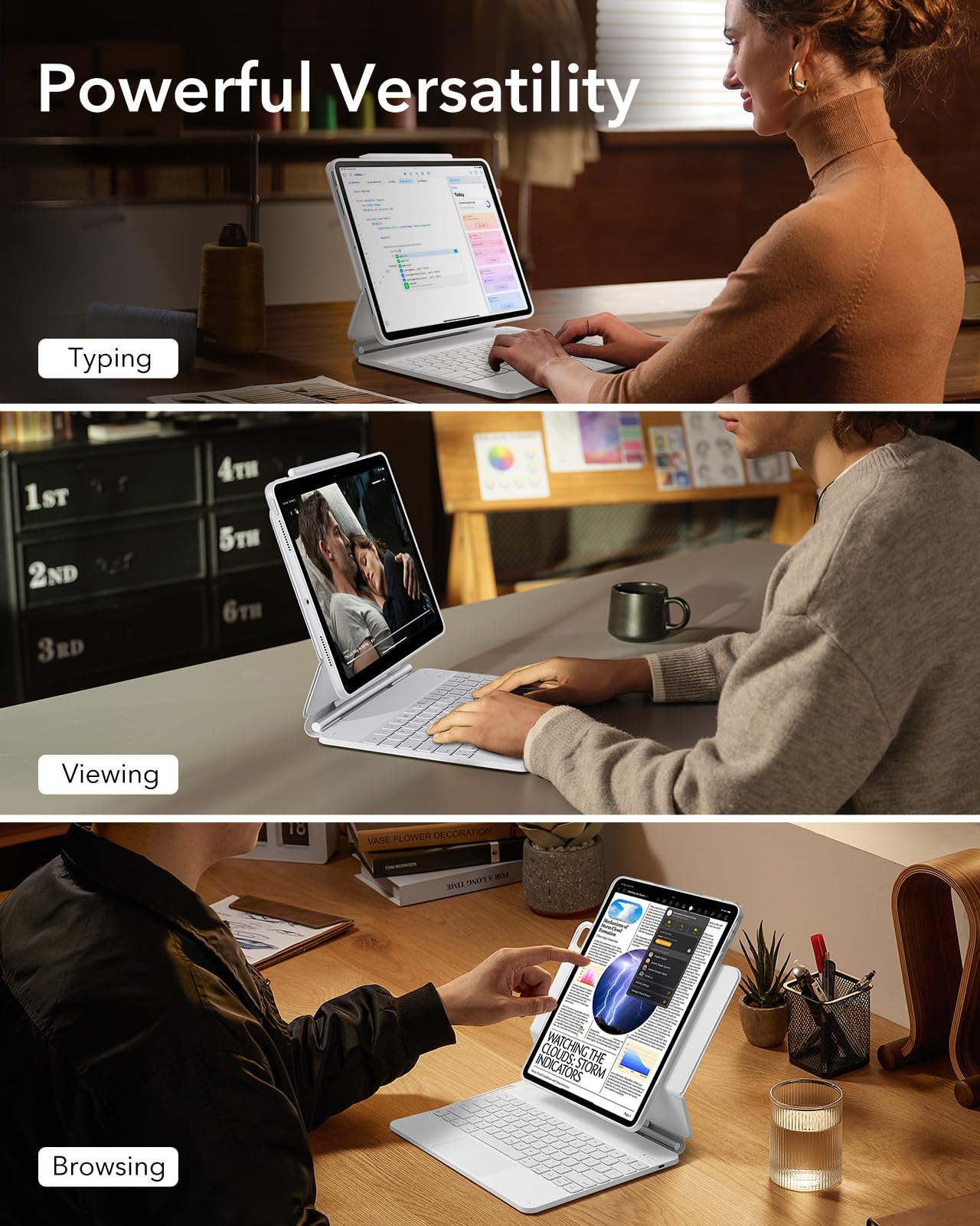 ESR iPad Pro 13 Inch Keyboard Case (2024, M4 Model) - Magnetic Stand with Portrait & Raised Modes | Rebound 360 Series | Detachable Protective Cover | White | Perfect for Work, Study & Travel