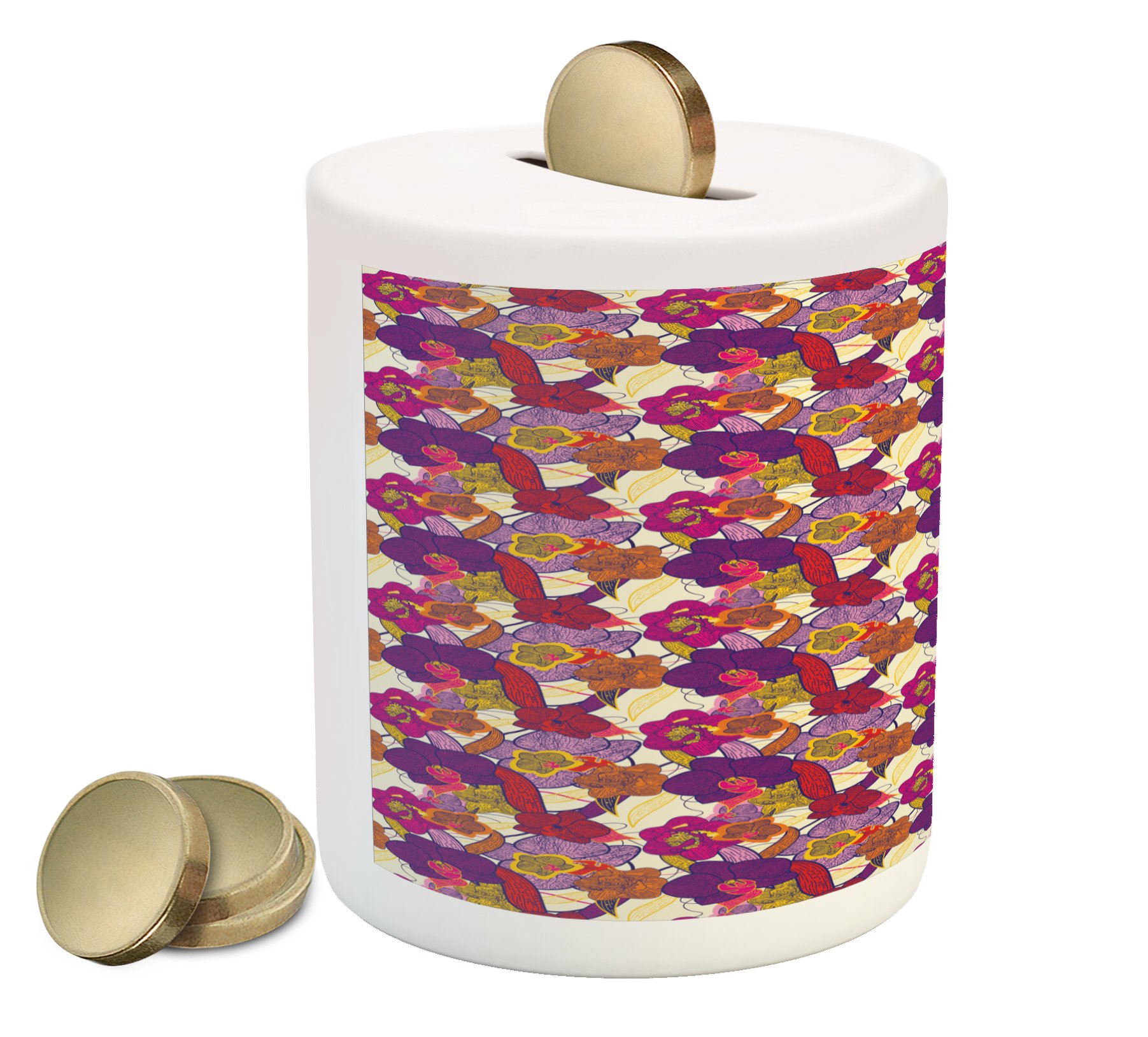 Ambesonne Ceramic Piggy Bank - Vintage Hand-Sketched Orchid Flowers Design, Colorful Money Box for Cash Saving | Perfect for Kids' Allowance, Home Decor & Gift Giving