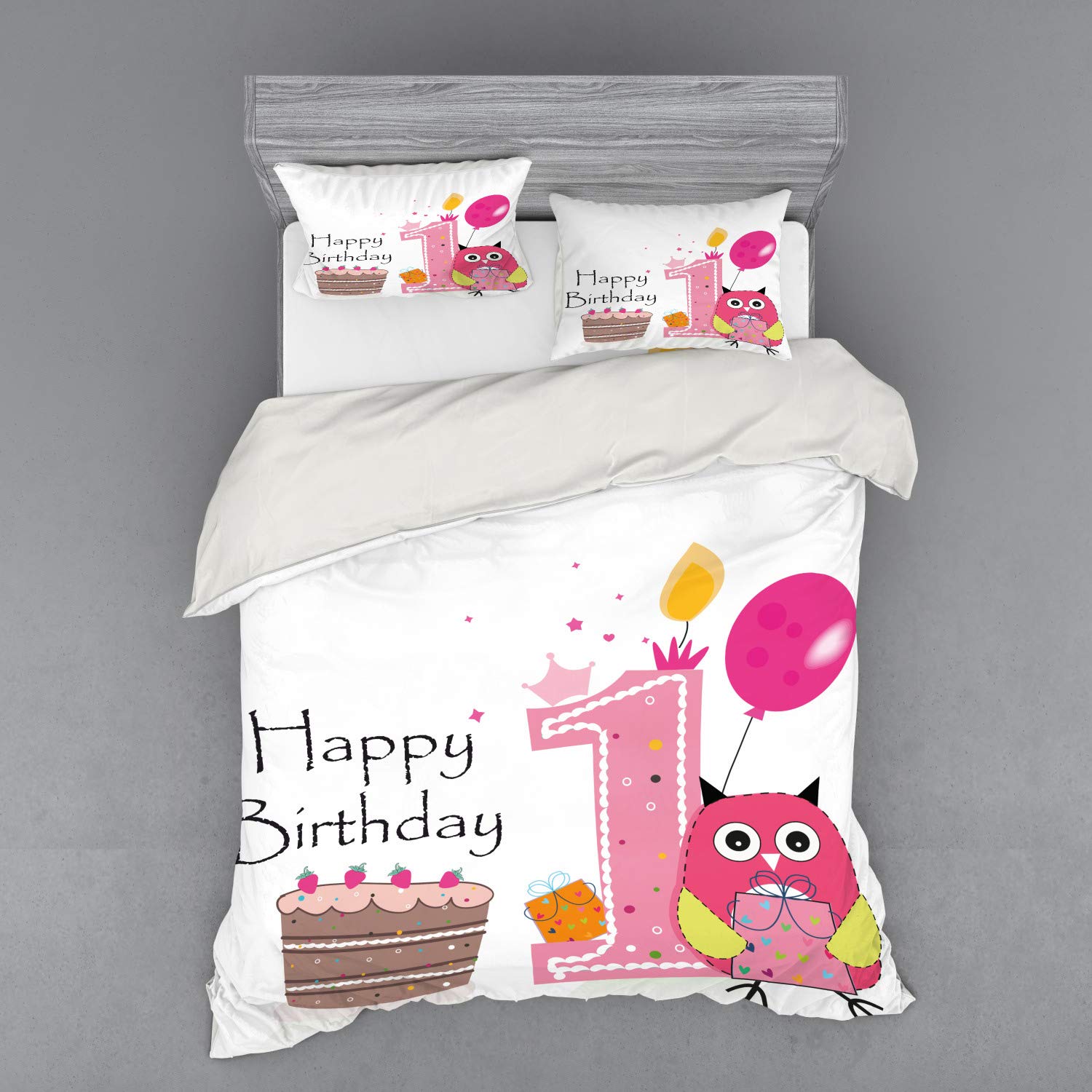 Ambesonne 1st Birthday Duvet Cover Set - Cartoon Owl Design with Cake & Candles, 4-Piece Queen Size Bedding Set (Shams + Fitted Sheet) in Brown, Hot Pink & Pink | Perfect for Baby's First Birthday Party & Nursery Decor