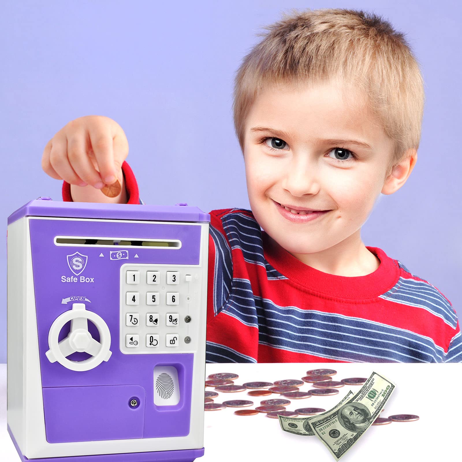 Electronic ATM Piggy Bank with Fingerprint Scanner - Toy Safe Box for Kids, Money Coin Savings Bank - Perfect Gift for Boys & Girls (Purple) - Teach Financial Literacy & Money Management Skills