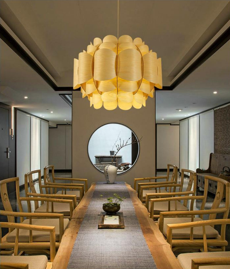 Handmade Wood Veneer Pendant Light - Modern Scandinavian Style Hanging Lamp for Dining Room, Kitchen Island & Bedroom Decor