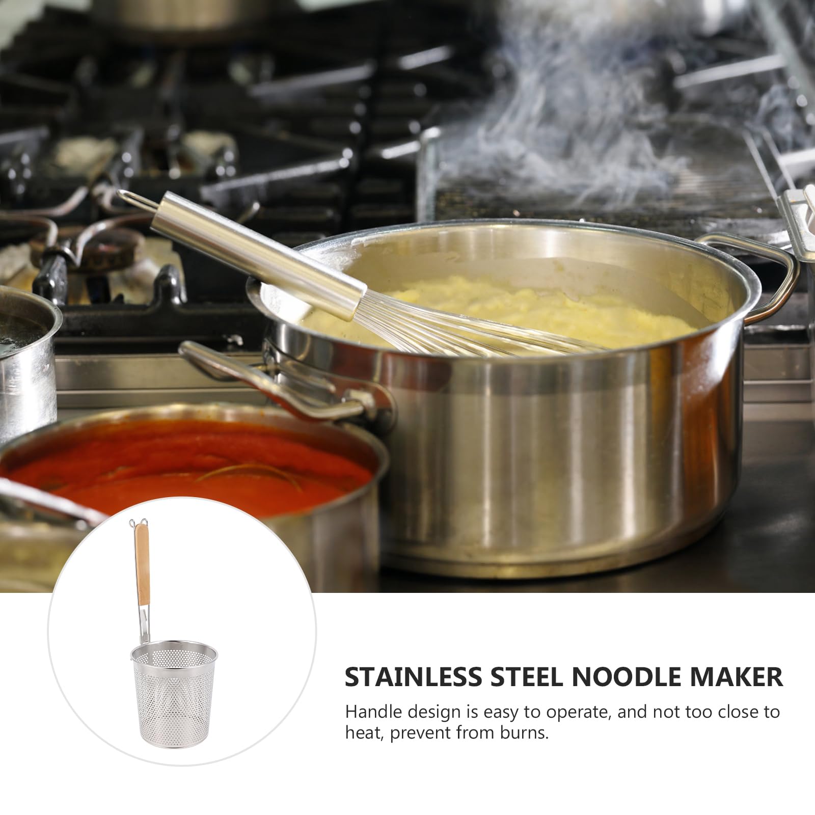 Stainless Steel Large Round Wok Strainer Colander with Wooden Handle - 14cm Fry Basket for Udon, Pasta, Noodle & Ramen - Perfect for Rinsing, Straining, Boiling & Frying in Asian & Italian Cooking