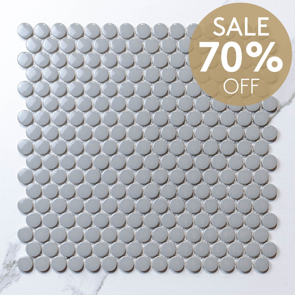 Circa Stone Penny Round Grey D19 Gloss Ceramic Tile - 12x12 Inch Peel and Stick Backsplash (Per Sheet) - Perfect for Kitchen, Bathroom, and Shower Walls