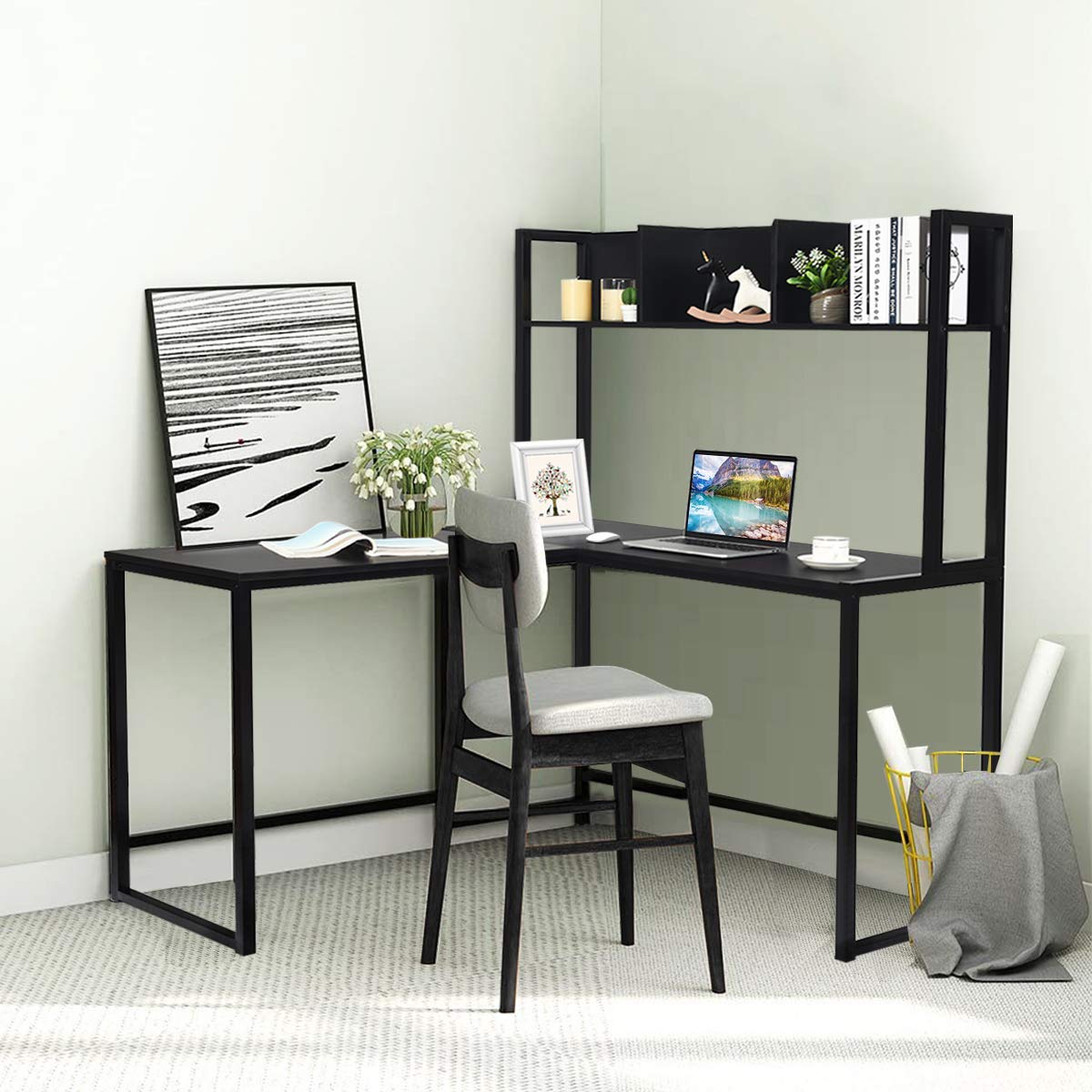Tangkula Reversible L-Shaped Desk with Hutch - Space Saving Corner Computer Desk with Storage Shelves, Home Office Study Writing Workstation & Bookshelf - Perfect for Gaming, Remote Work & Small Spaces