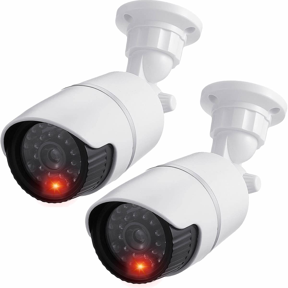 JUSTOP 2 Pack Fake Security Cameras with Flashing LED - Dummy Bullet CCTV Surveillance Camera for Indoor Outdoor Use - Waterproof, Black & White Professional Design - Ideal for Home, Office, and Business Security
