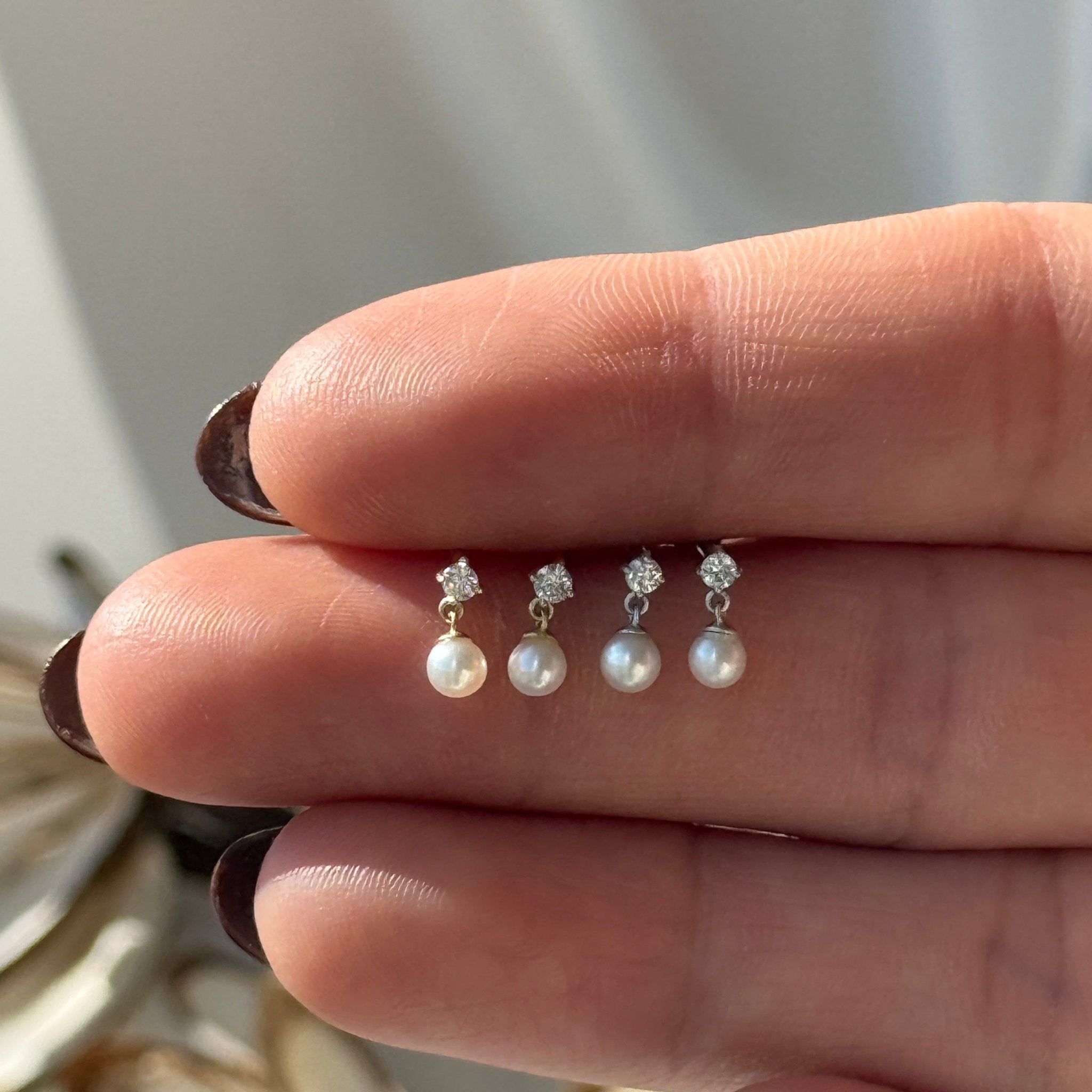 14k Solid Yellow Gold Diamond and Pearl Drop Earrings - Elegant Flat Back Studs for Women, Perfect for Weddings, Parties & Everyday Wear