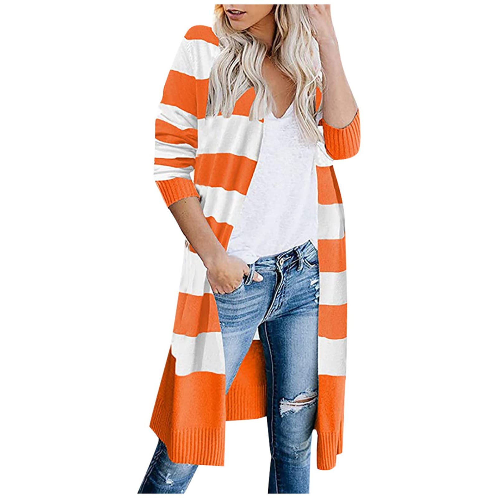 Women's Long Sleeve Striped Knit Hooded Cardigan Sweater - Cozy Fall Winter Fashion Top for Casual Outfits, Office Wear & Layering