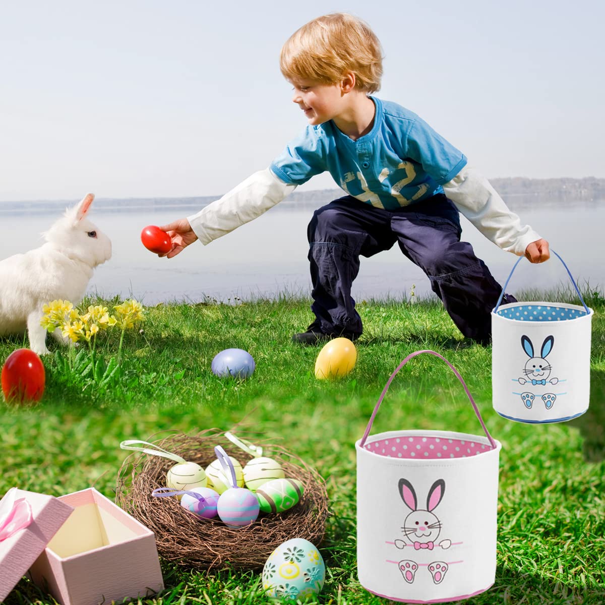 Personalized Easter Bunny Basket Bags for Kids - Cotton Canvas Easter Egg Hunt Bags with Cute Rabbit Print - Perfect for Easter Egg Hunts, Candy Collection & Gift Giving (Blue)