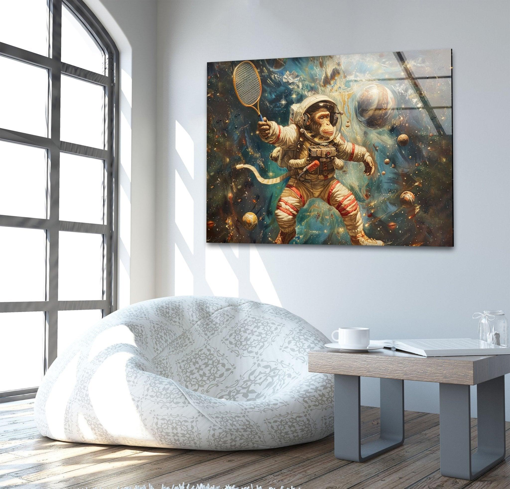 Astronaut Monkey Glass Wall Art - Unique Space Themed Home Decor for Living Room, Bedroom & Office - Perfect Gift for Sci-Fi & Space Lovers