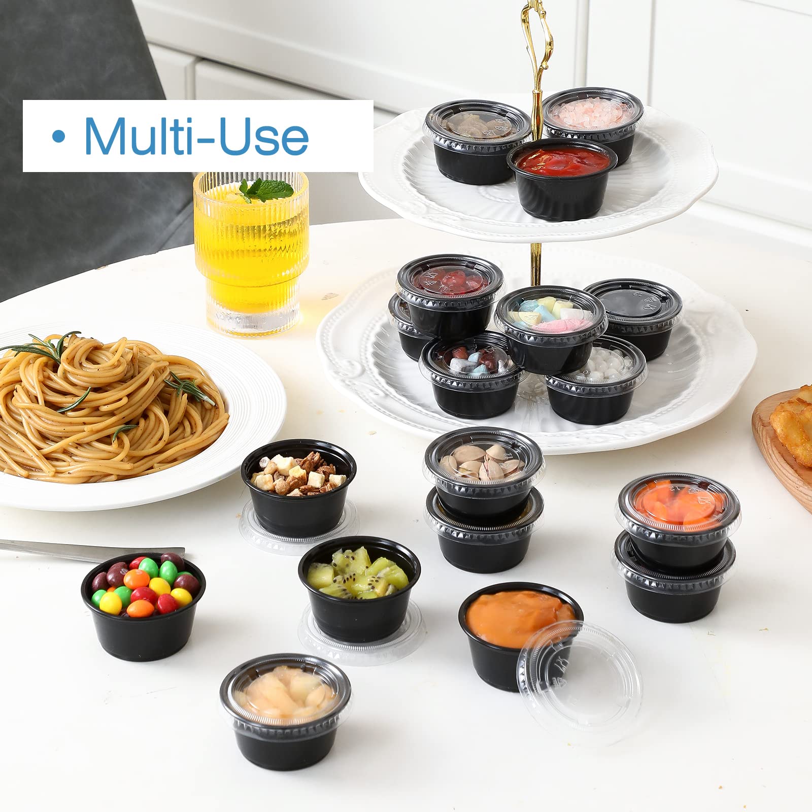 130 Sets - 2 Oz Black Plastic Portion Cups with Lids | Airtight Small Containers for Jello Shots, Salad Dressings, Dipping Sauces & Condiments | Perfect for Parties, Lunches, Picnics & Travel | BPA-Free & Leakproof Food Storage Solution
