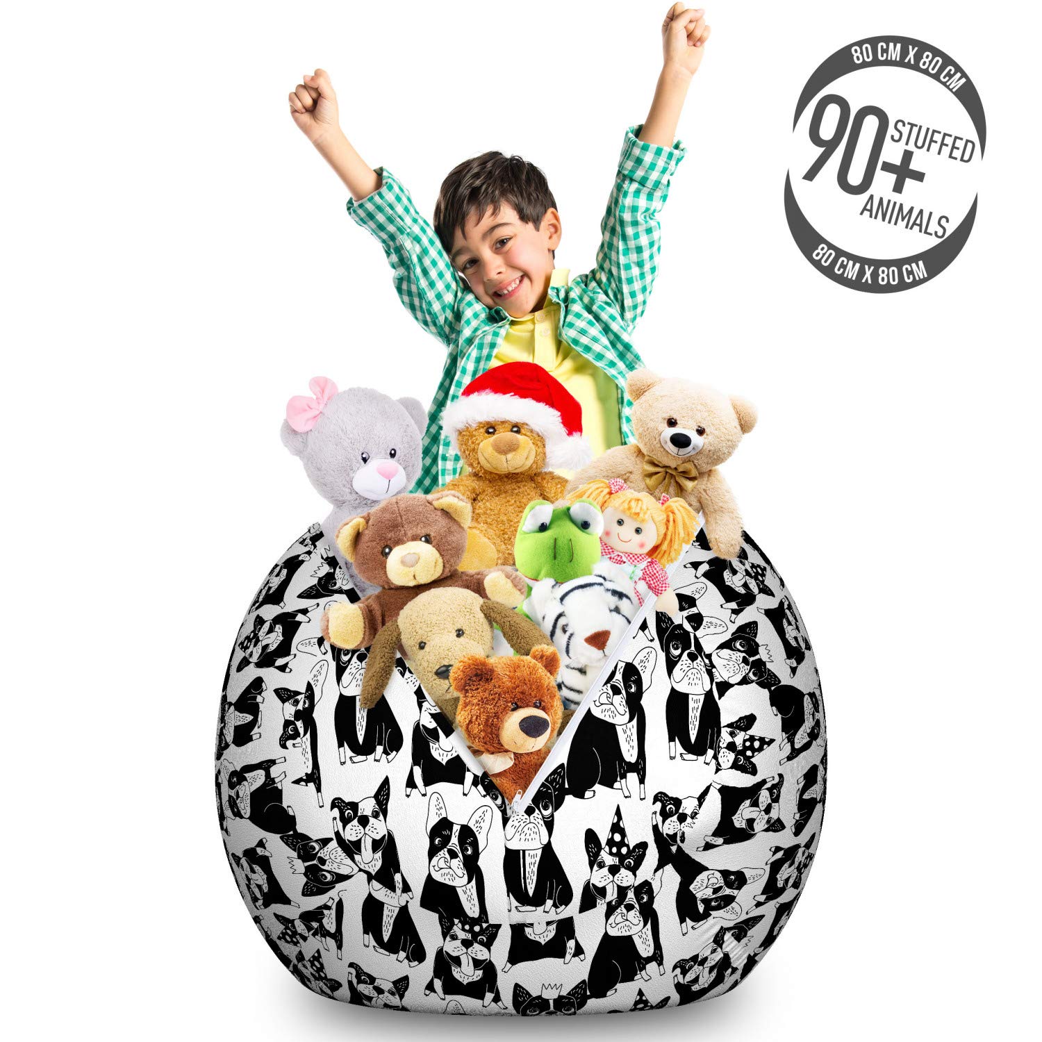 Ambesonne Bulldog Toy Storage Bag Chair - Large Washable Stuffed Animal Organizer with Fun Doodle Pattern of Pets in Party Hats - Black & White for Kids' Room, Playroom & Nursery Organization