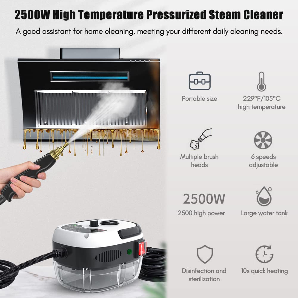 2500W Portable Handheld Steam Cleaner - High Temperature Pressurized Steam Cleaning Machine with 5 Brush Attachments for Kitchen, Bathroom, Car, Furniture & Floor Cleaning | Perfect for Deep Cleaning Grout, Upholstery, Tiles & Hard Surfaces (Orange)
