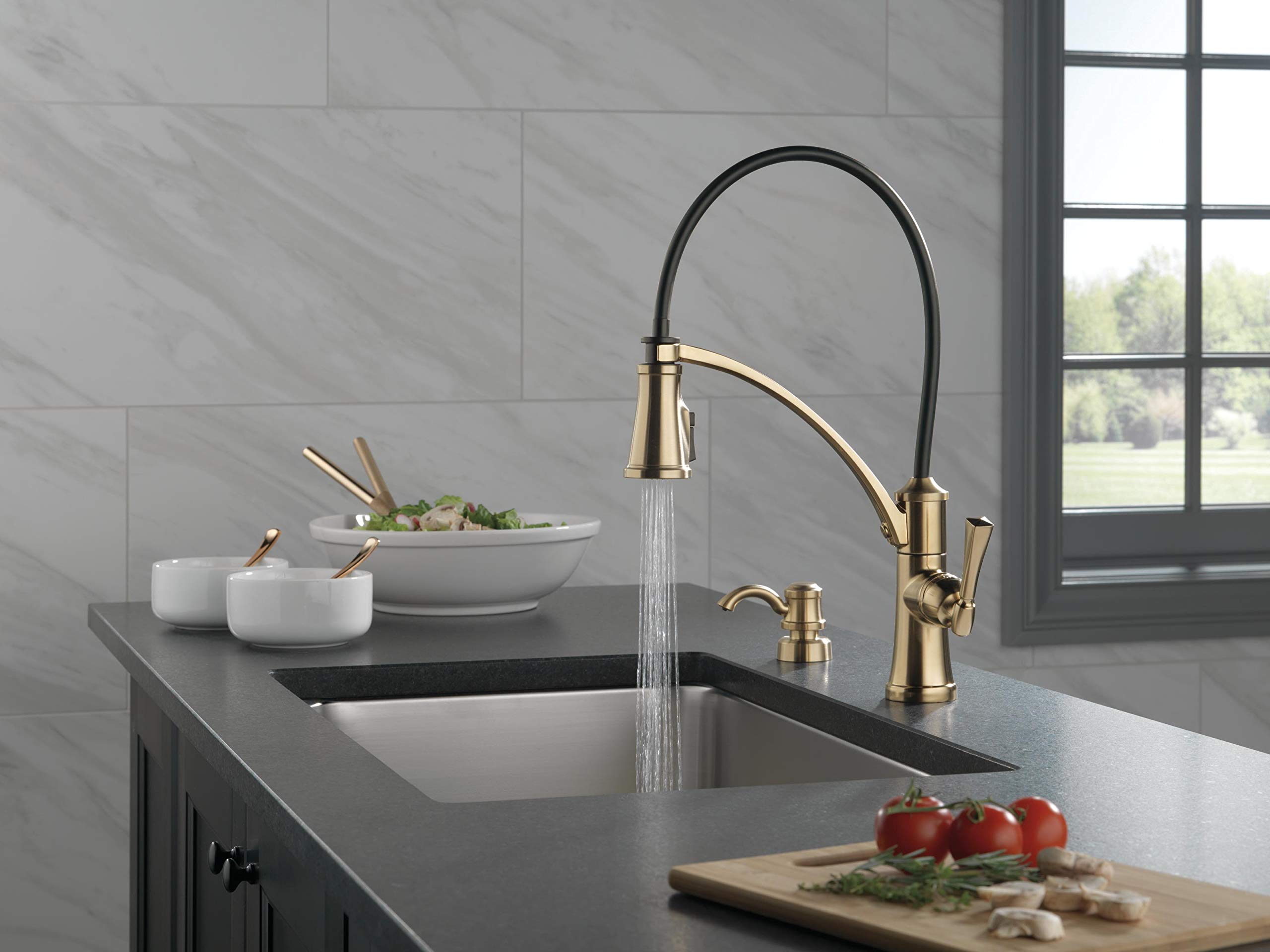 Delta Foundry Gold Kitchen Faucet with Pull Down Sprayer & Soap Dispenser - Champagne Bronze Stainless Steel Sink Faucet 19744Z-CZSD-DST | Perfect for Modern Farmhouse & Luxury Kitchen Renovations