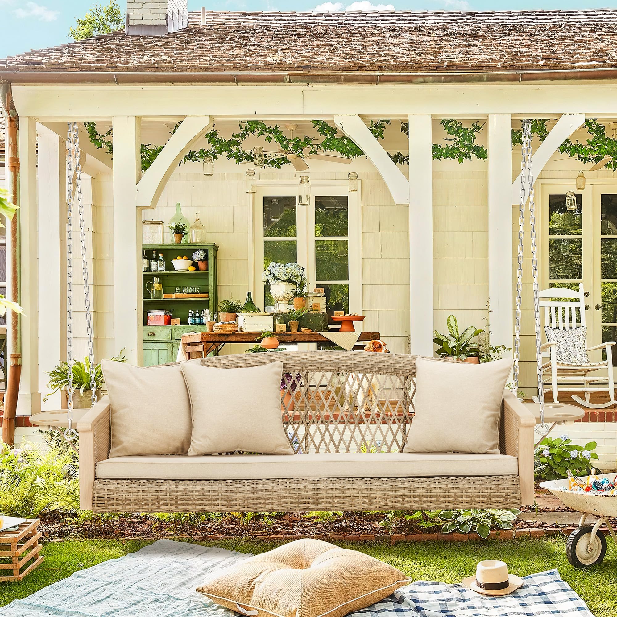 HOMREST 55 Inch 3-Person Wicker Porch Swing with Upgraded Cup Holders & Cushions - 900lbs Capacity Patio Hanging Bench Chair with Chains for Deck, Garden, Backyard - Perfect for Outdoor Relaxation & Entertaining (Beige)