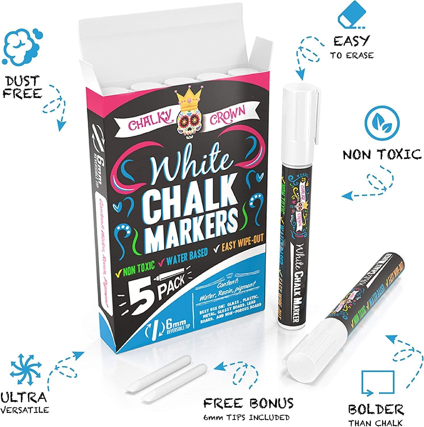 CHALKY CROWN Liquid Chalk Markers - 6mm Reversible Tip White Chalk Pens for Chalkboard, Blackboard, Glass, Windows - Perfect for Signs, Menus, Labels & DIY Projects (5 Pack)