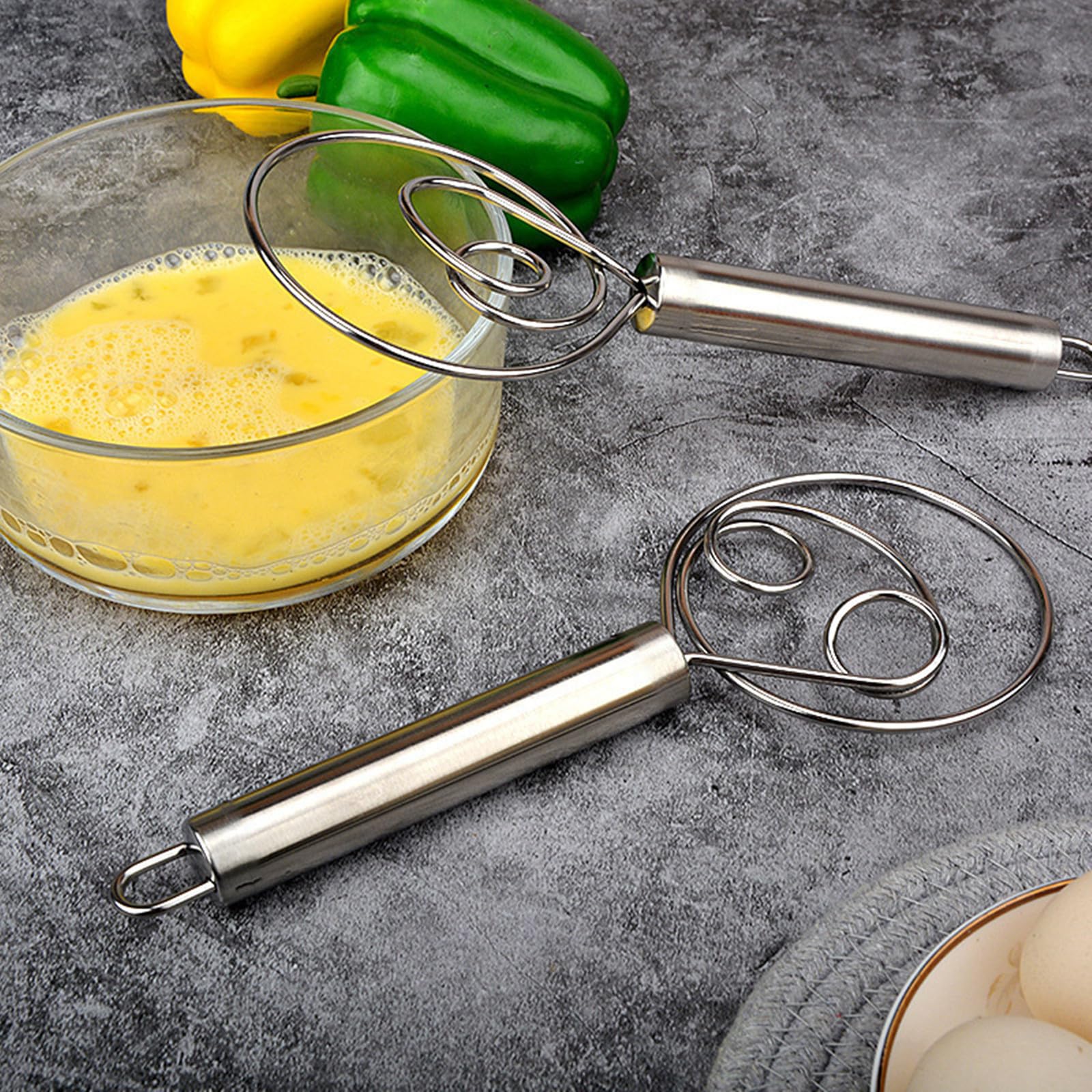 2 Pack Stainless Steel Dough Whisk Set - Dutch Style Pastry Blender & Bread Mixer for Baking Cookies, Cakes, Pizza Dough - Perfect for Home Bakers & Professional Kitchens (Silver)
