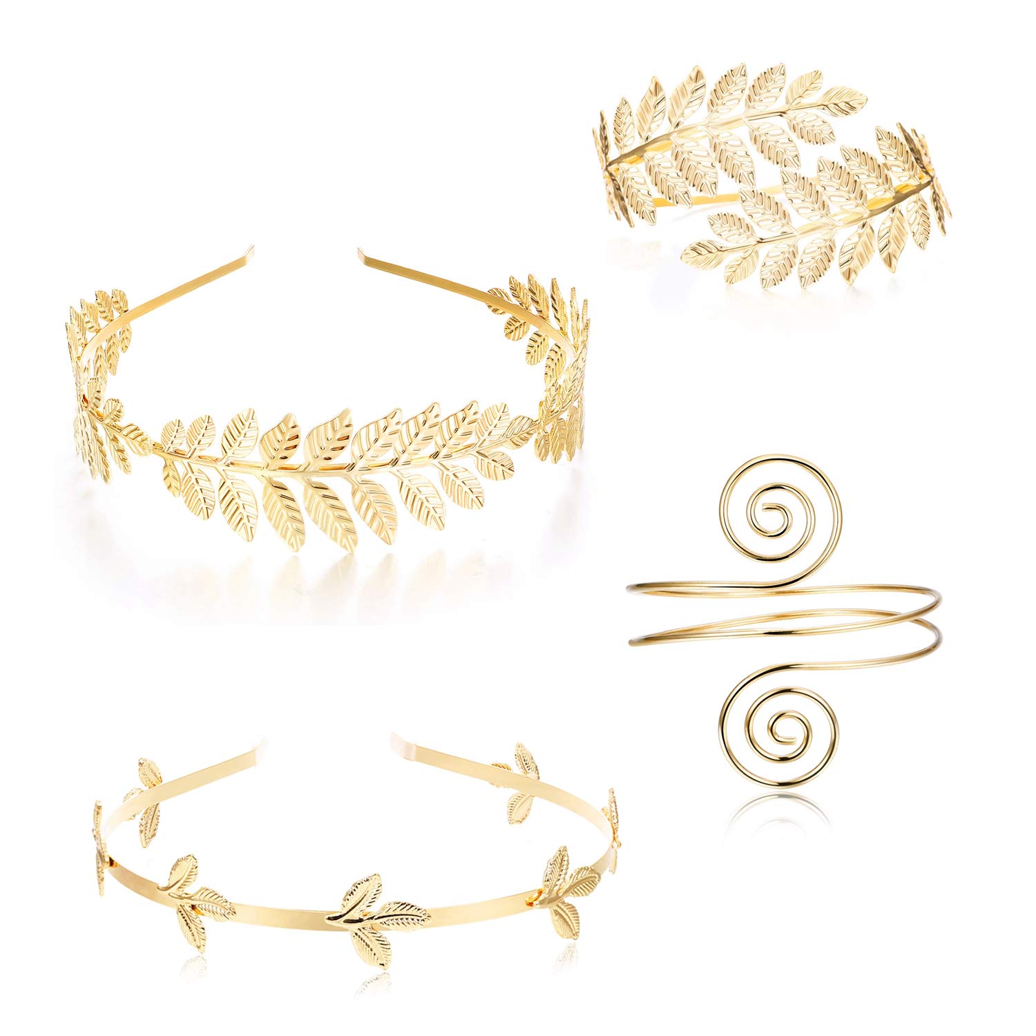 Finrezio 4PCS Greek Goddess Headband & Arm Cuff Set - Roman Laurel Leaf Crown & Adjustable Armlet Bracelet for Bridal, Wedding, Cosplay & Costume Parties