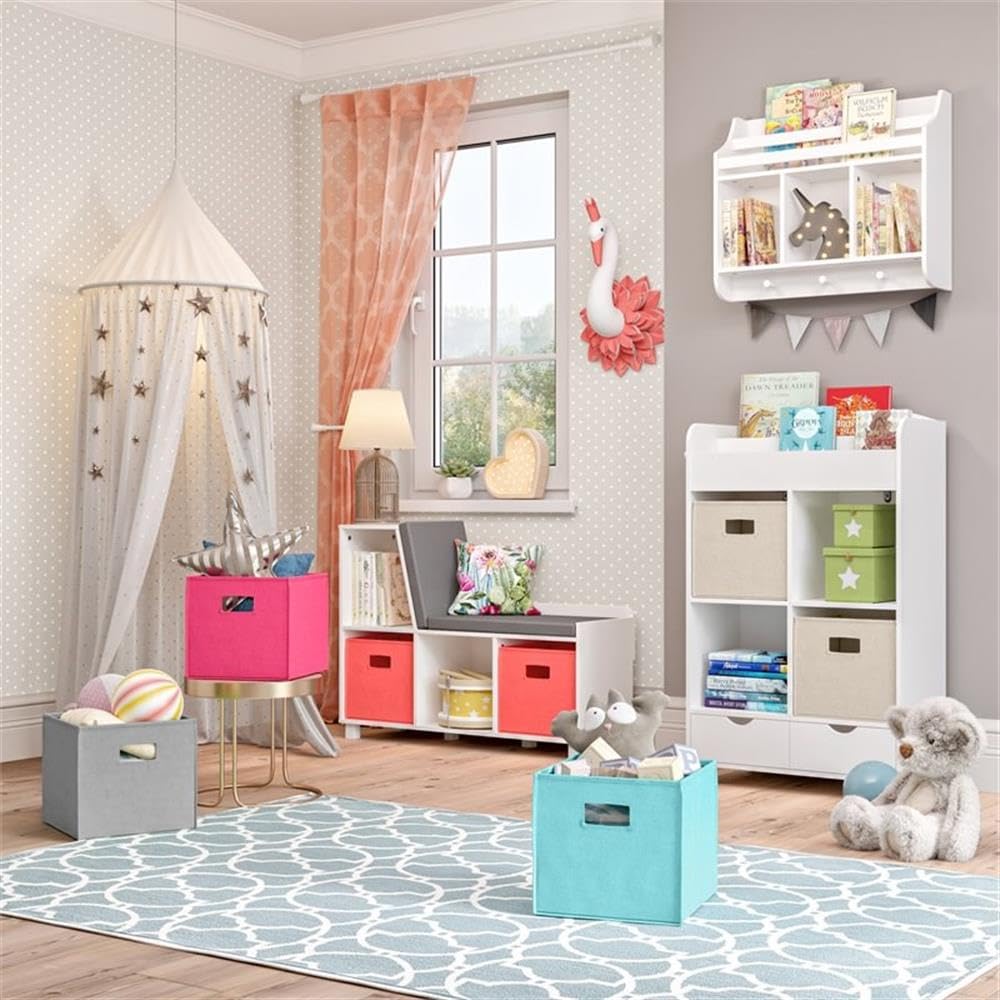 RiverRidge Kids Bookshelf with 4 Cubbies, 2 Drawers & Hooks - Toy Storage Cabinet, Book Nook Organizer for Children's Room - Perfect for Storing Toys, Games, Books & Folding Cubby Bins - Ideal for Playrooms, Bedrooms & Daycare Centers