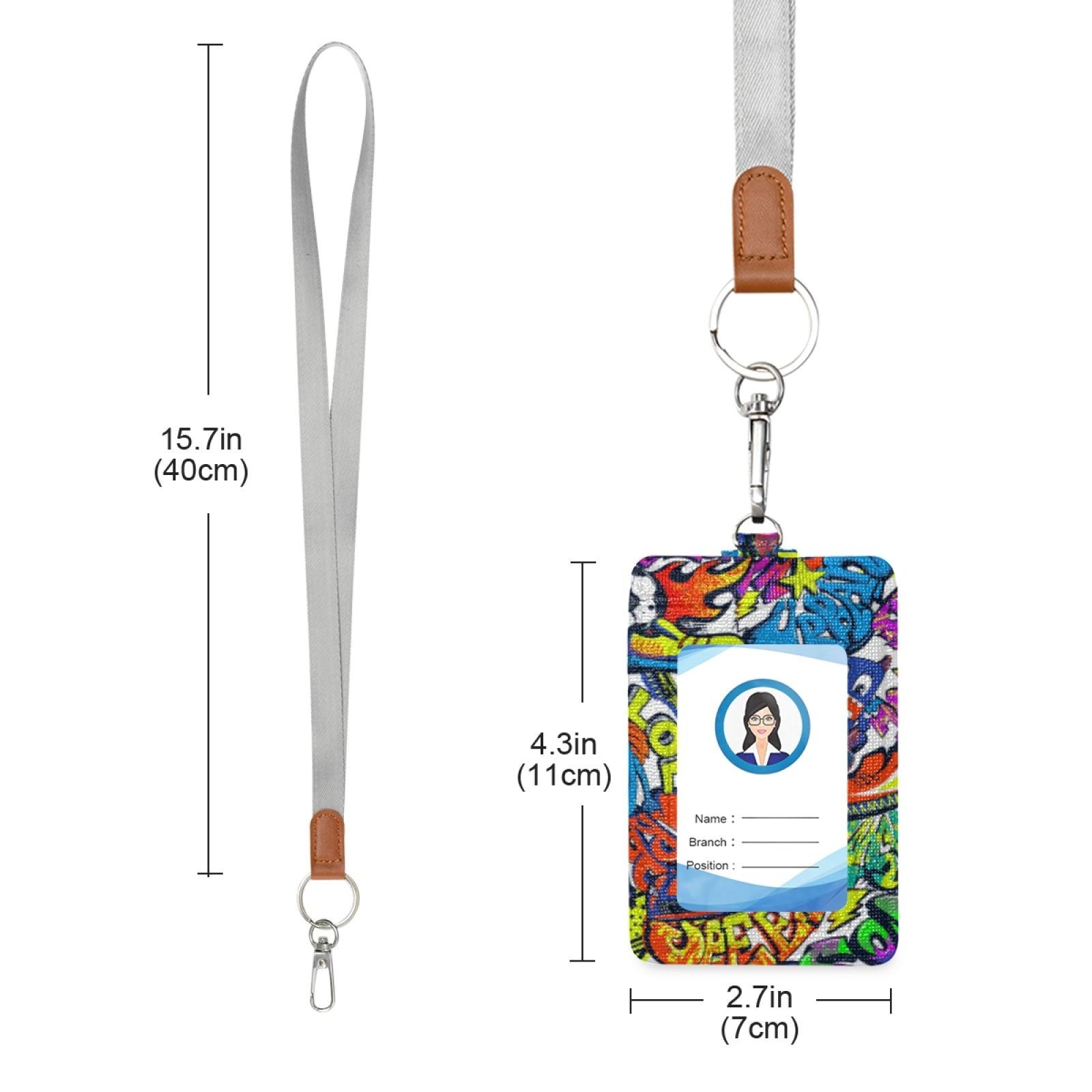 Abstract Grunge Graffiti Pattern Vertical Leather ID Badge Holder with Detachable Neck Lanyard - 1 Clear Plastic Window & 2 Card Slots for Office, School & Events - Stylish Name Tag Holder for Professionals, Teachers & Students