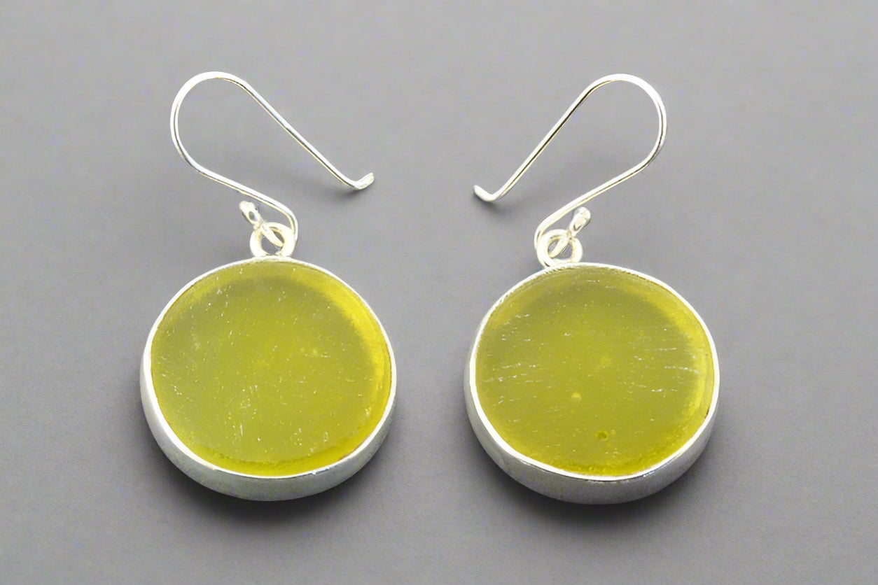 Handmade Large Circle Sea Glass Earrings in Lime Green - Perfect for Beach Weddings, Boho Fashion & Summer Accessories