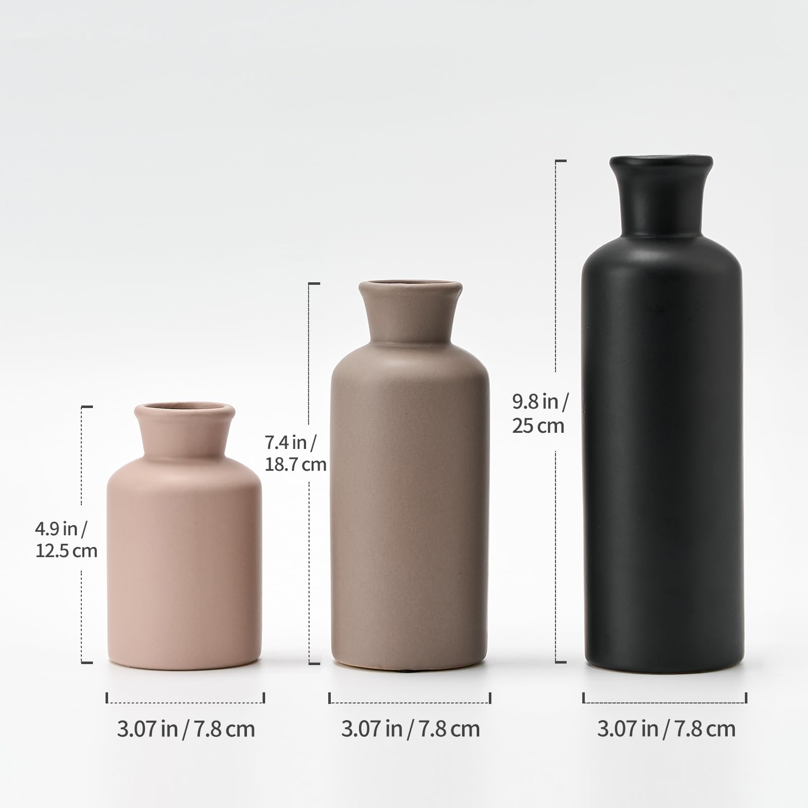 LUKA Ceramic Vase Set of 3 - Minimalist Home Decor Vases for Farmhouse, Bedroom, Office & Living Room - 10, 7.5 & 5 Inch Rustic Vases for Fireplace, Bookshelf & Table Centerpiece Decorations