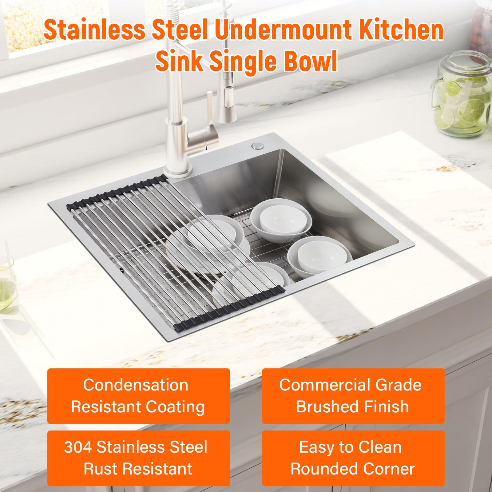 25 x 22 Inch Stainless Steel Topmount Single Bowl Kitchen Sink - Drop In Deep Basin for Home, RV, Prep Kitchen & Bar | Durable & Easy to Clean for Daily Cooking & Dishwashing