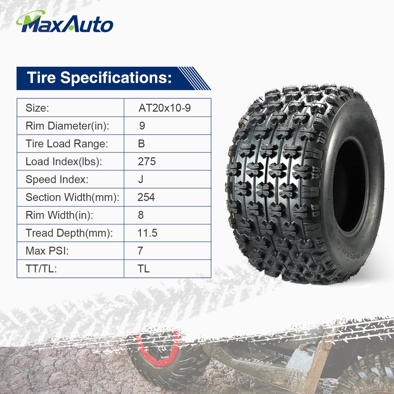 Maxauto ATV Sport Quad Tires 20x10-9 Rear Tire 4-Ply - Set of 2 for Honda 400ex TRX 450r, Raptor 660, YFZ 450 - Durable Off-Road Tires for Mud, Sand & Trail Riding
