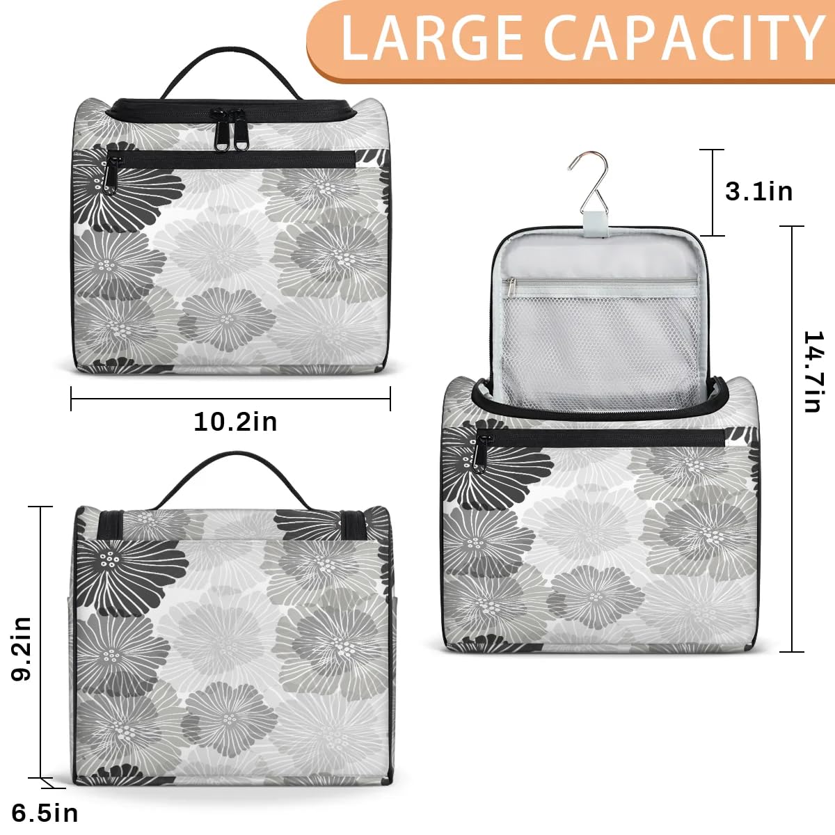 Light Gray Floral Hanging Toiletry Bag for Women & Girls - Multi-Compartment Cosmetic Makeup Organizer - Large Travel Toiletry Bag with Hanging Hook - Perfect for Travel, Camping & Gym Essentials