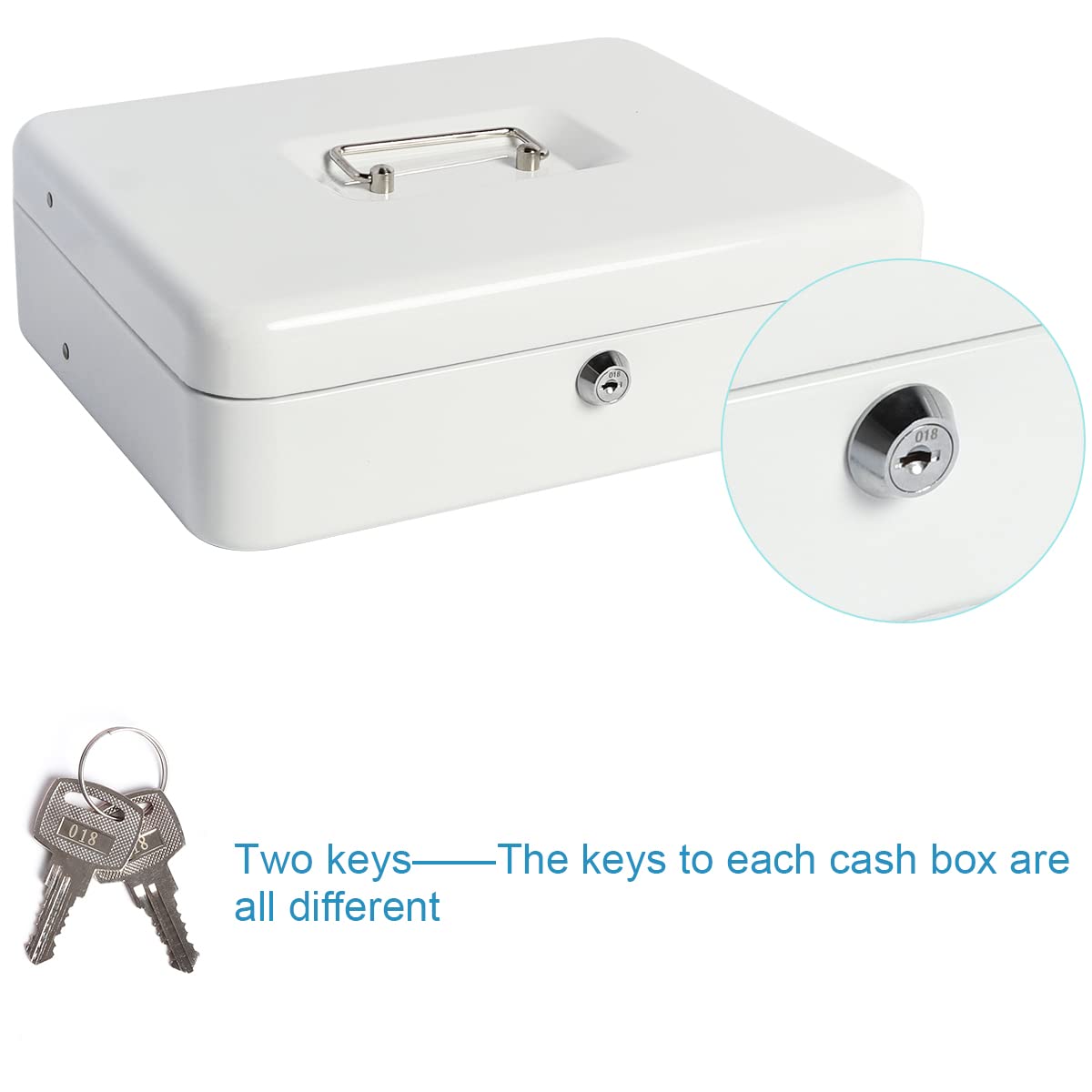 Heavy Duty Metal Cash Box with Money Tray & Lock - 11.8 x 9.5 x 3.54 Inches Secure Lockbox for Cash, Coins, Valuables - Ideal for Home, Office, Retail Store & Small Business Use (White)