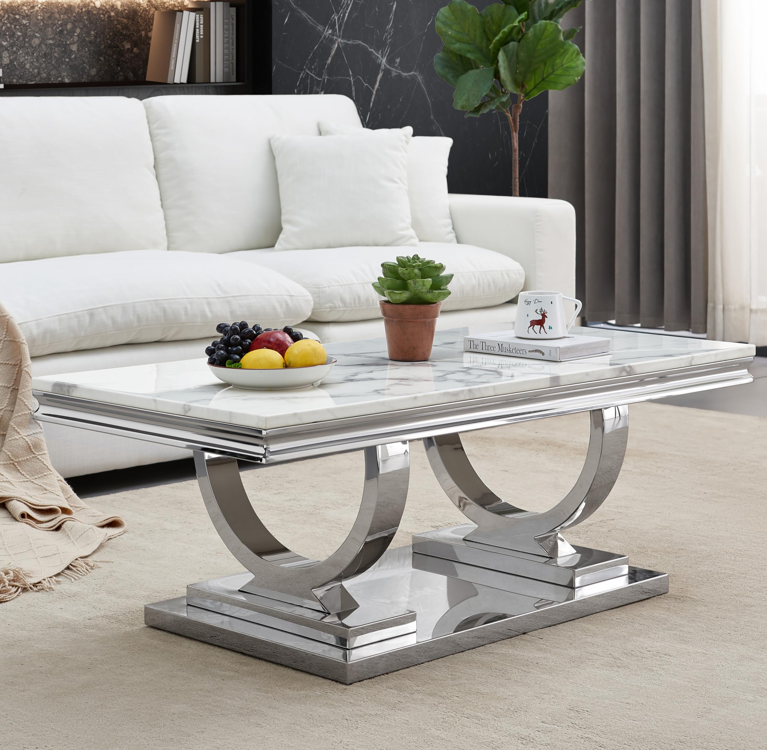 3-Piece Marble Coffee Table Set for Living Room - Faux Marble Top with Wood & Stainless Steel Frame - Modern Nesting Tables for Apartment, Home Office (Silver) | Perfect for Small Spaces, Coffee Serving & Stylish Home Decor