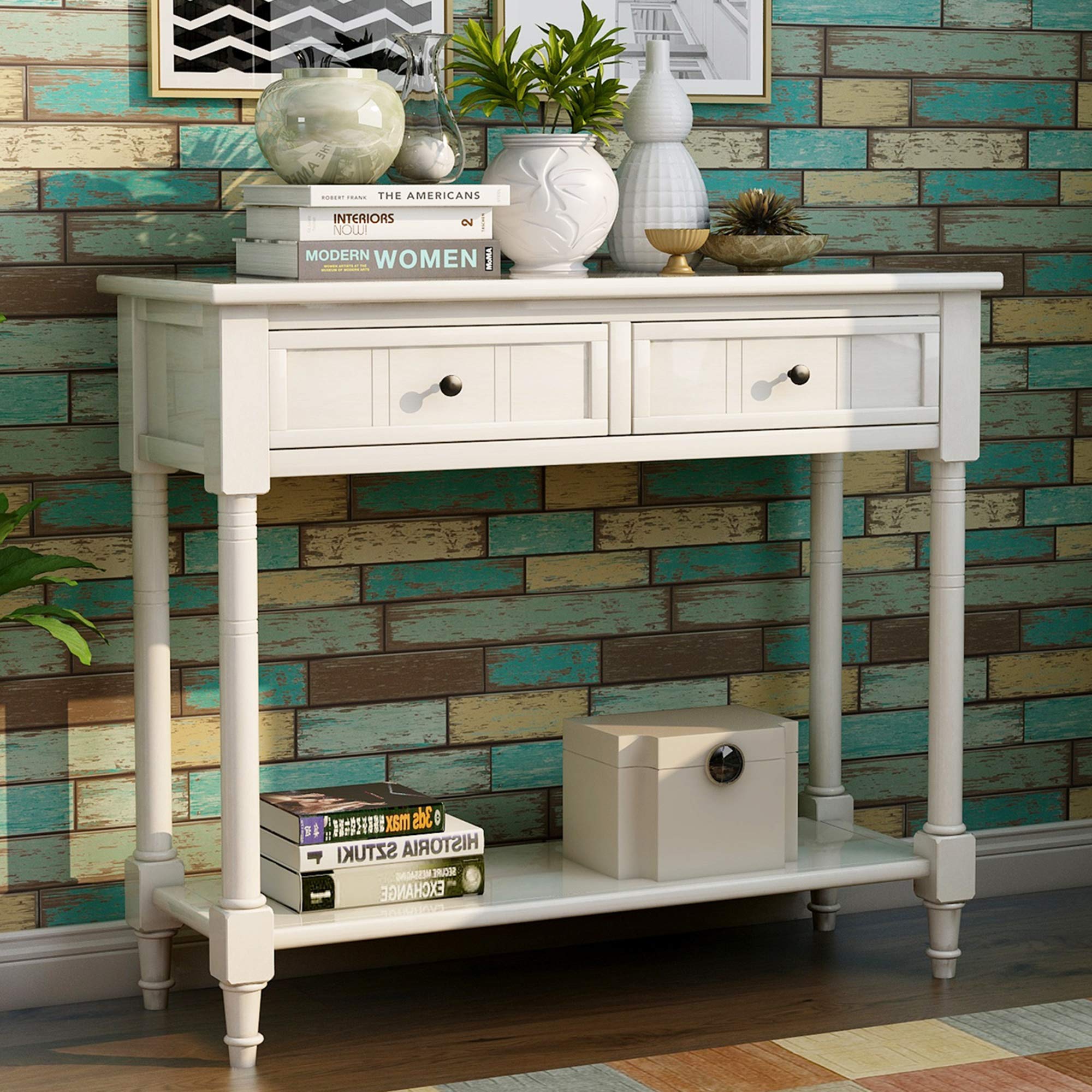 P PURLOVE Wooden Sofa Table with 2 Storage Drawers - Entryway Console Table for Living Room, Hallway & Bedroom - Ivory White Finish - Sturdy Side Table with Bottom Shelf for Home Decor