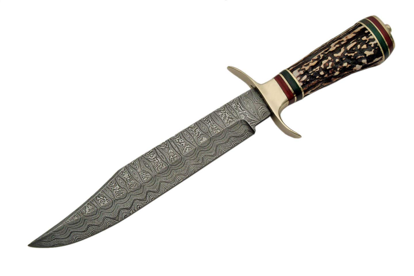 SZCO Supplies Damascus Steel Bowie Hunting Knife - High Carbon Steel Blade with Wood Handle for Outdoor Survival, Camping & Bushcraft