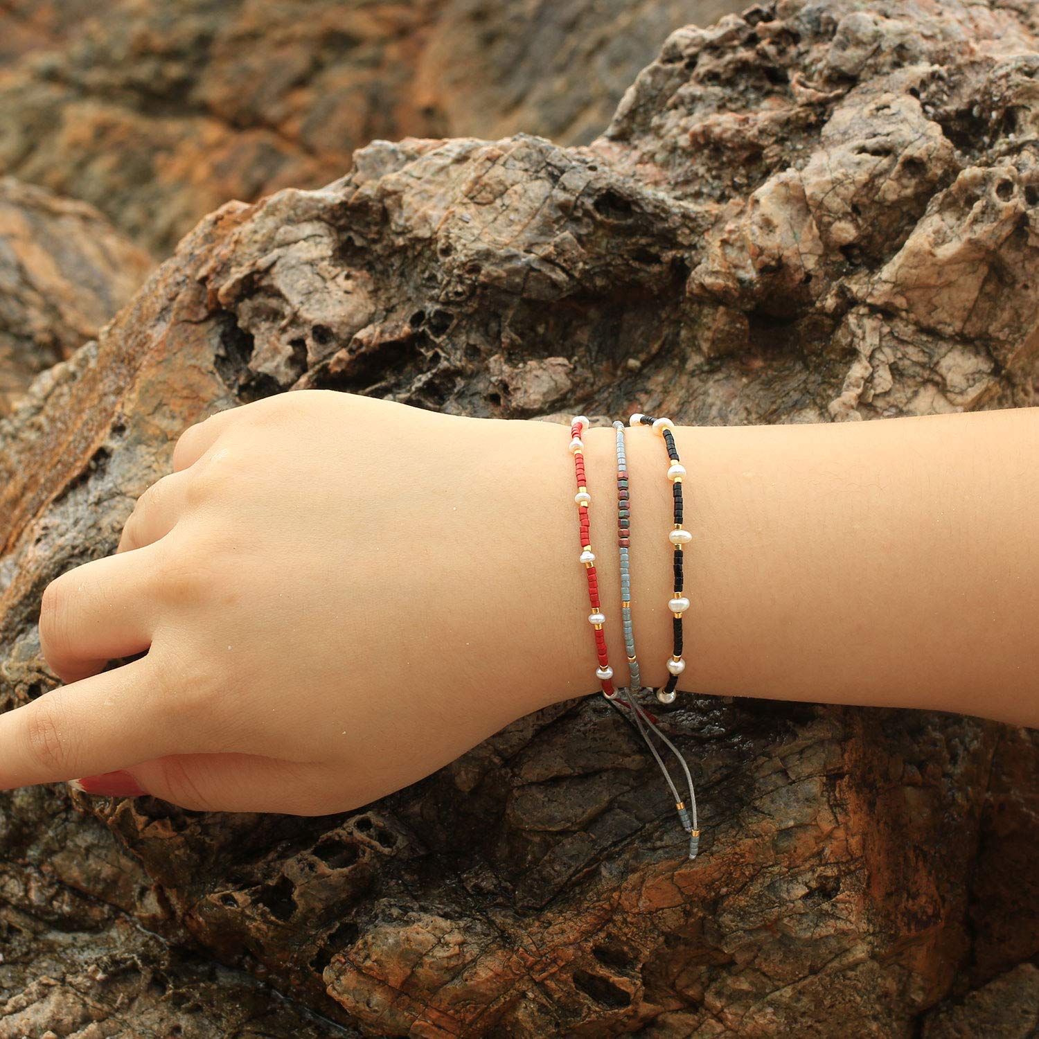 C·QUAN CHI Charm Pearl Bracelet - Handmade Adjustable Friendship Bracelet with Seed Beads & Flat Knot Design for Women - Perfect for Gifts, Boho Style & Everyday Wear