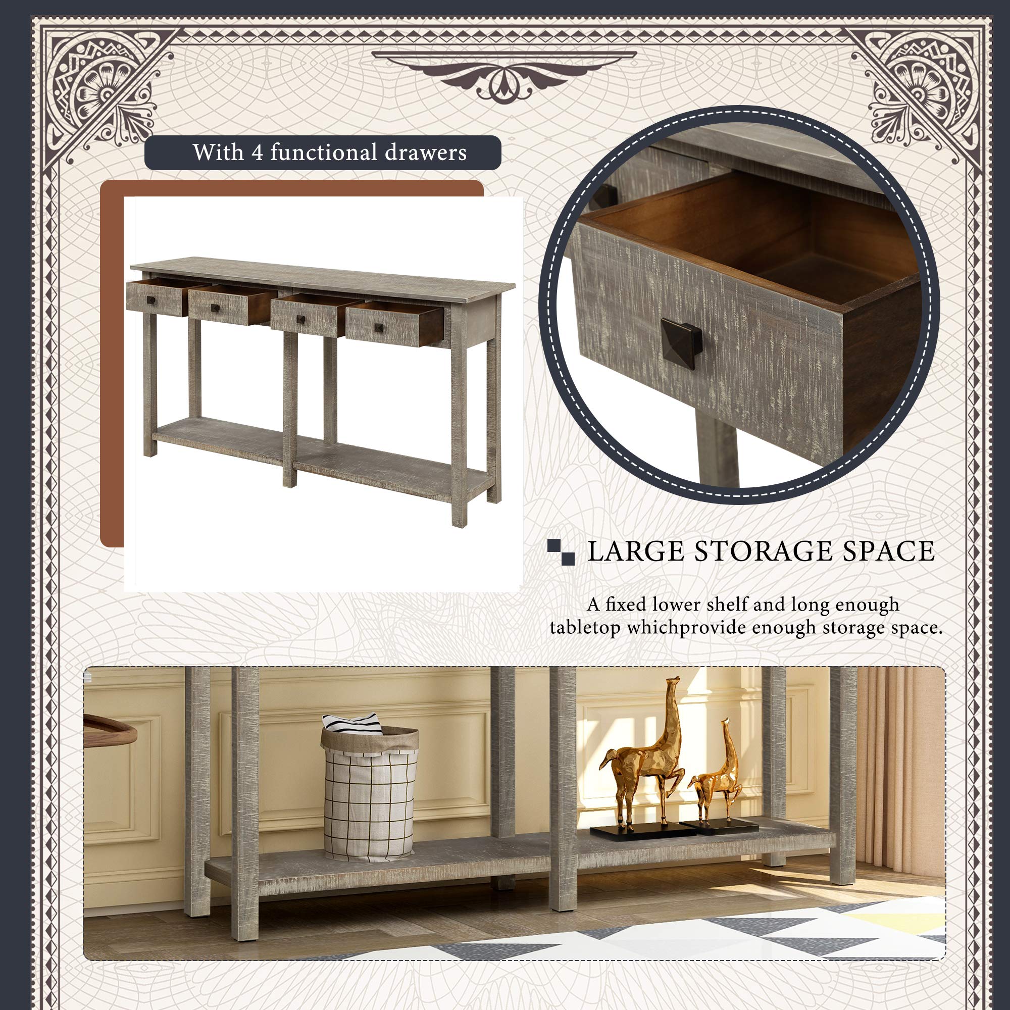 Grey Wash Entryway Console Table with 4 Drawers & Storage Shelf - Sofa Table for Living Room, Hallway & Foyer - Perfect for Home Decor, Entry Organization & Small Space Storage